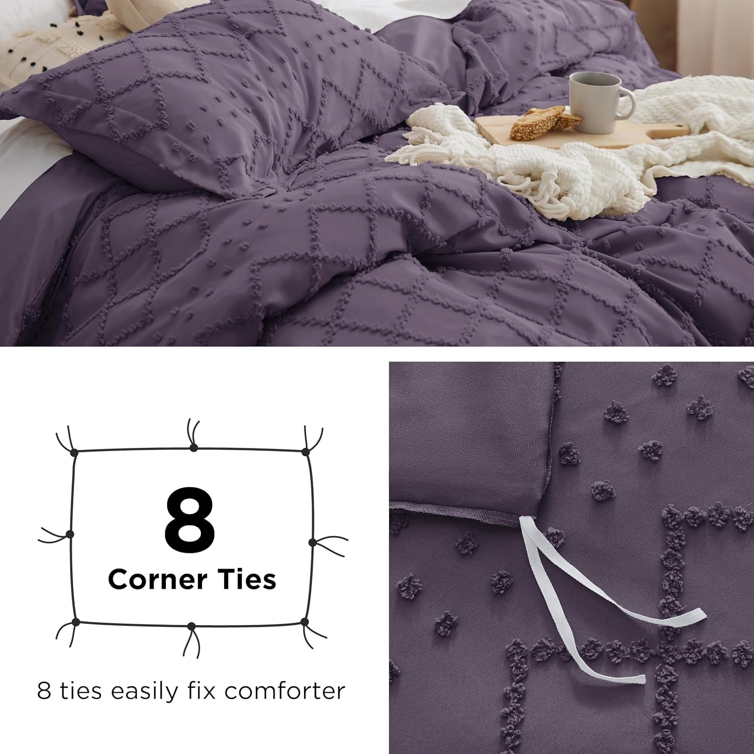 image:imageBedsure Boho Duvet Cover King Size  Rose Pink Tufted Boho Bedding Distressed Vintage Embroidery Bedding for All Seasons 3 Pieces 1 Soft Jacquard King Comforter Cover and 2 Pillow Shams00  Grayish Purple No Comforter