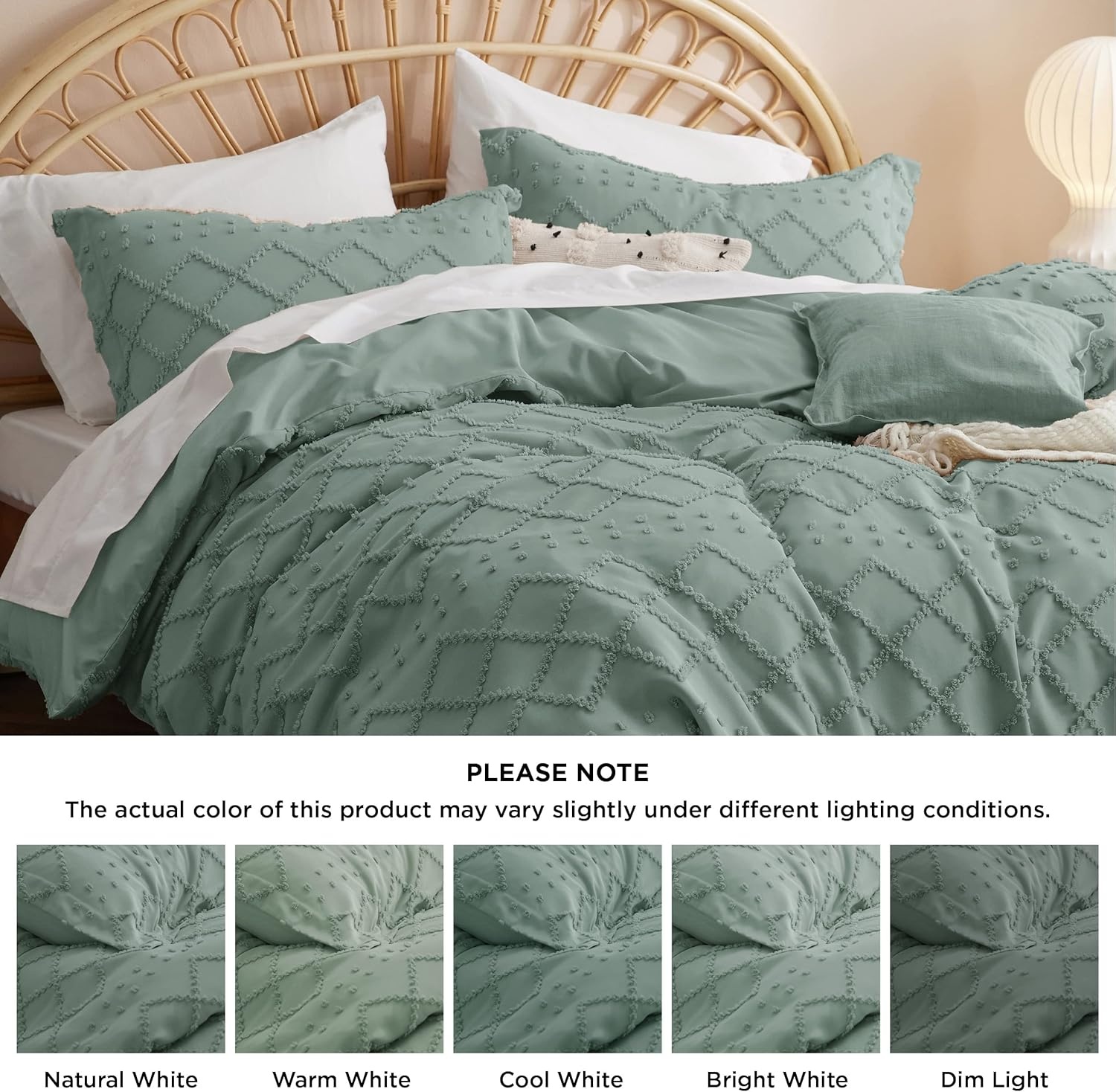 image:imageBedsure Boho Duvet Cover King Size  Rose Pink Tufted Boho Bedding Distressed Vintage Embroidery Bedding for All Seasons 3 Pieces 1 Soft Jacquard King Comforter Cover and 2 Pillow Shams16  Green No Comforter