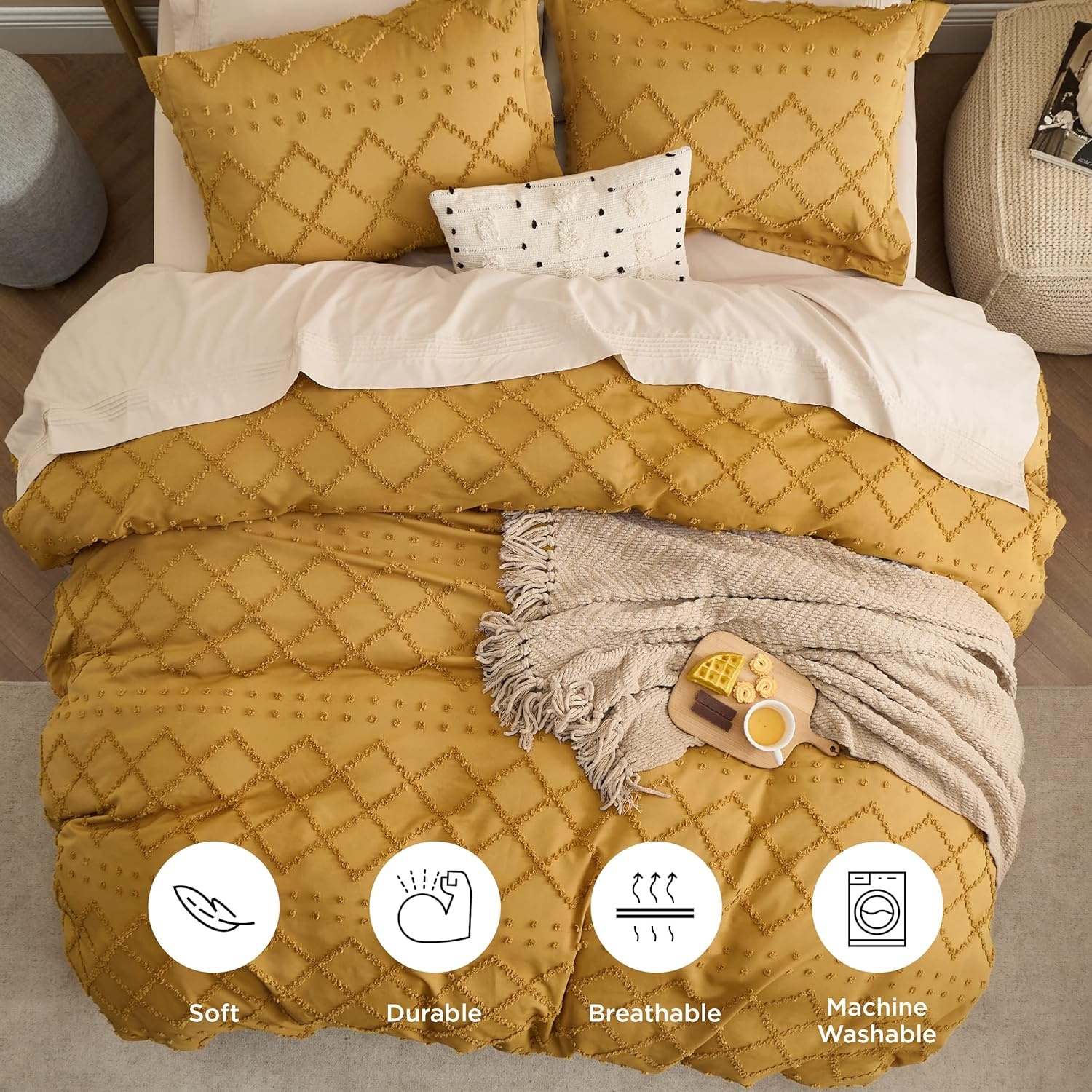 image:imageBedsure Boho Duvet Cover King Size  Rose Pink Tufted Boho Bedding Distressed Vintage Embroidery Bedding for All Seasons 3 Pieces 1 Soft Jacquard King Comforter Cover and 2 Pillow Shams23  Mustard Yellow No Comforter