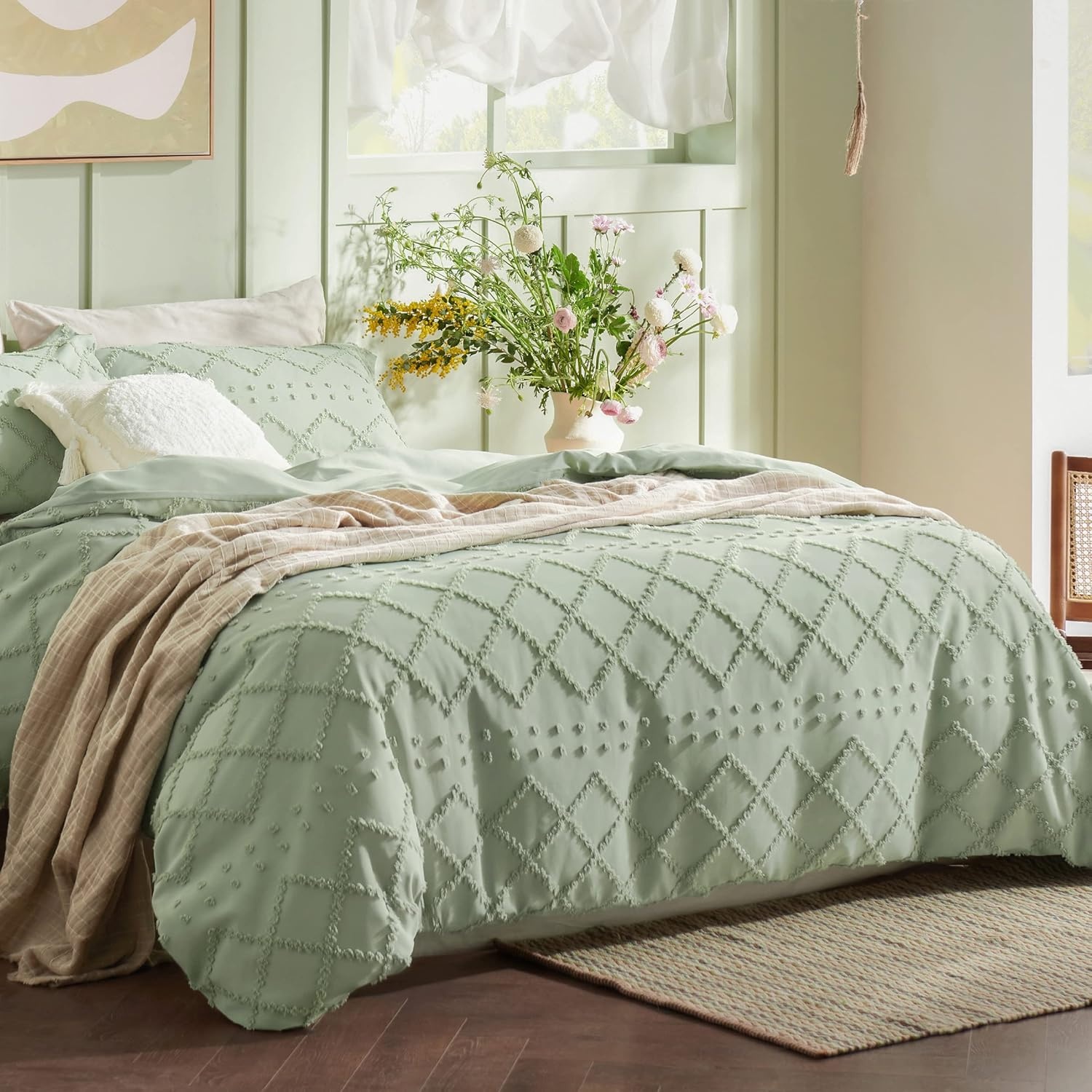 image:imageBedsure Boho Duvet Cover King Size  Rose Pink Tufted Boho Bedding Distressed Vintage Embroidery Bedding for All Seasons 3 Pieces 1 Soft Jacquard King Comforter Cover and 2 Pillow Shams13  Sage Green No Comforter