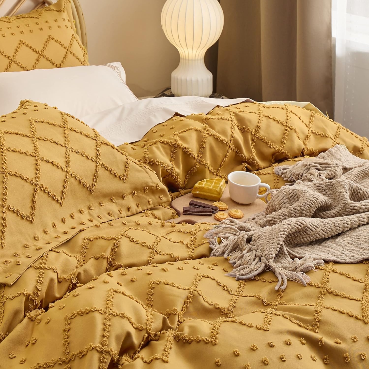 image:imageBedsure Boho Duvet Cover King Size  Rose Pink Tufted Boho Bedding Distressed Vintage Embroidery Bedding for All Seasons 3 Pieces 1 Soft Jacquard King Comforter Cover and 2 Pillow Shams23  Mustard Yellow No Comforter