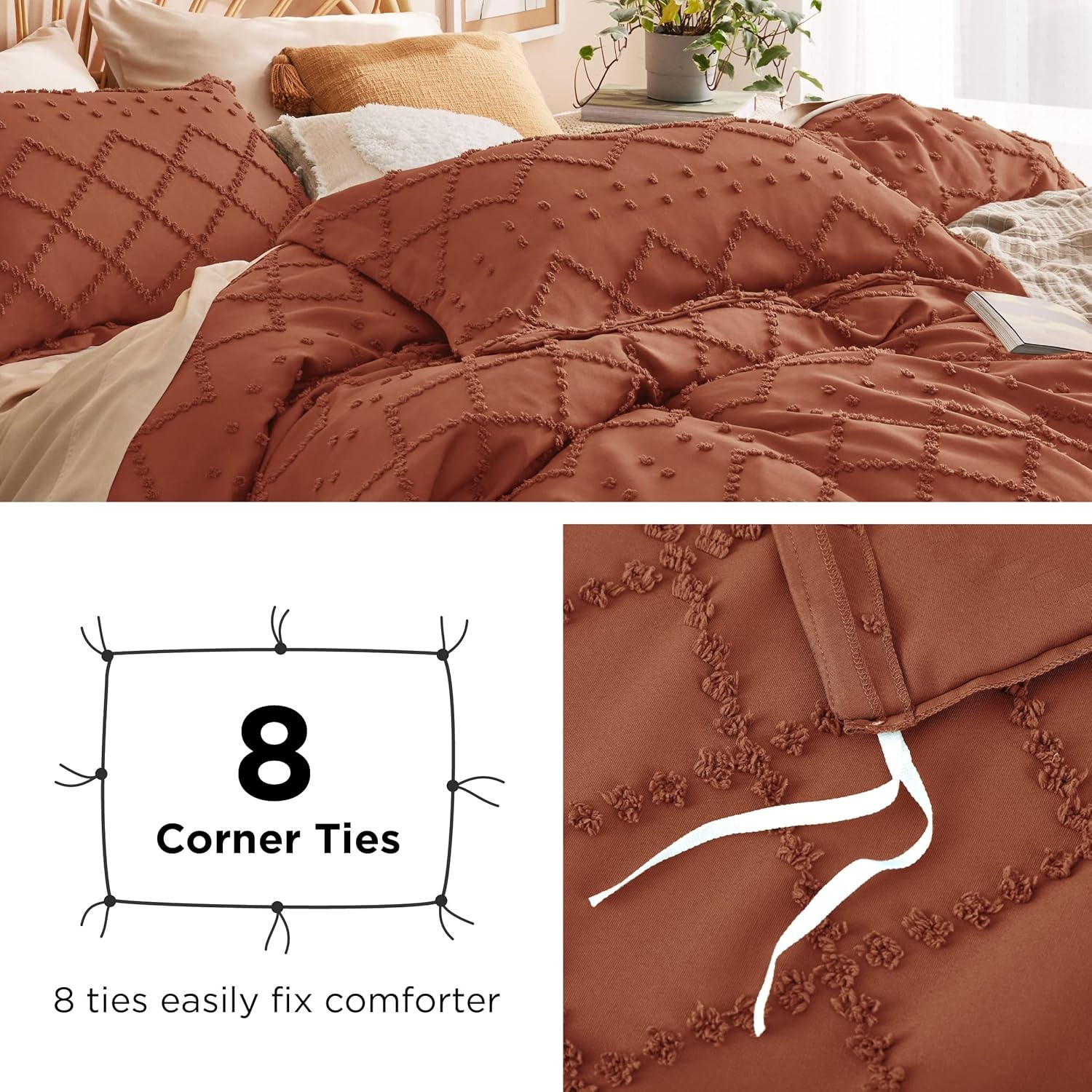 image:imageBedsure Boho Duvet Cover King Size  Rose Pink Tufted Boho Bedding Distressed Vintage Embroidery Bedding for All Seasons 3 Pieces 1 Soft Jacquard King Comforter Cover and 2 Pillow Shams08  Terracotta No Comforter