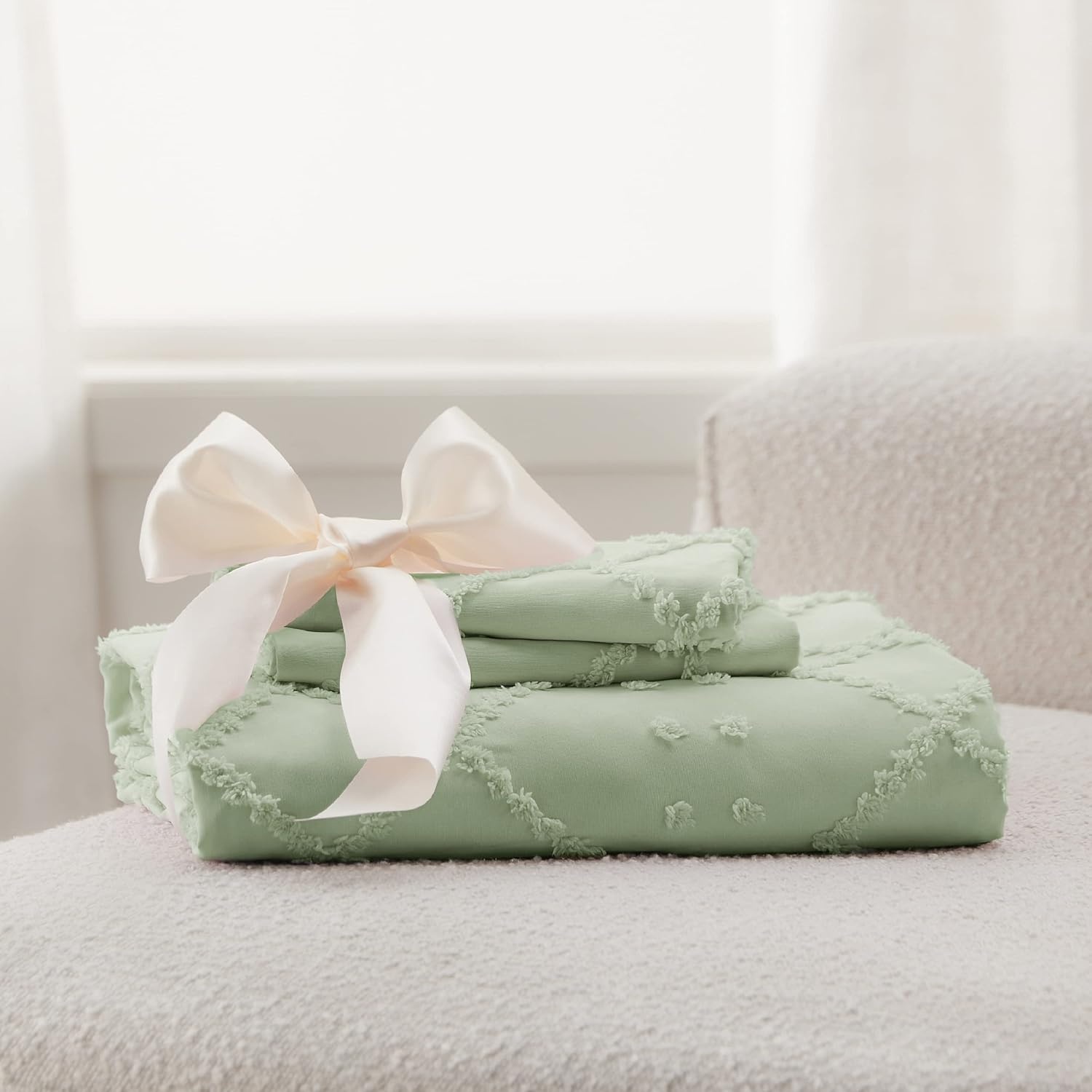 image:imageBedsure Boho Duvet Cover King Size  Rose Pink Tufted Boho Bedding Distressed Vintage Embroidery Bedding for All Seasons 3 Pieces 1 Soft Jacquard King Comforter Cover and 2 Pillow Shams13  Sage Green No Comforter