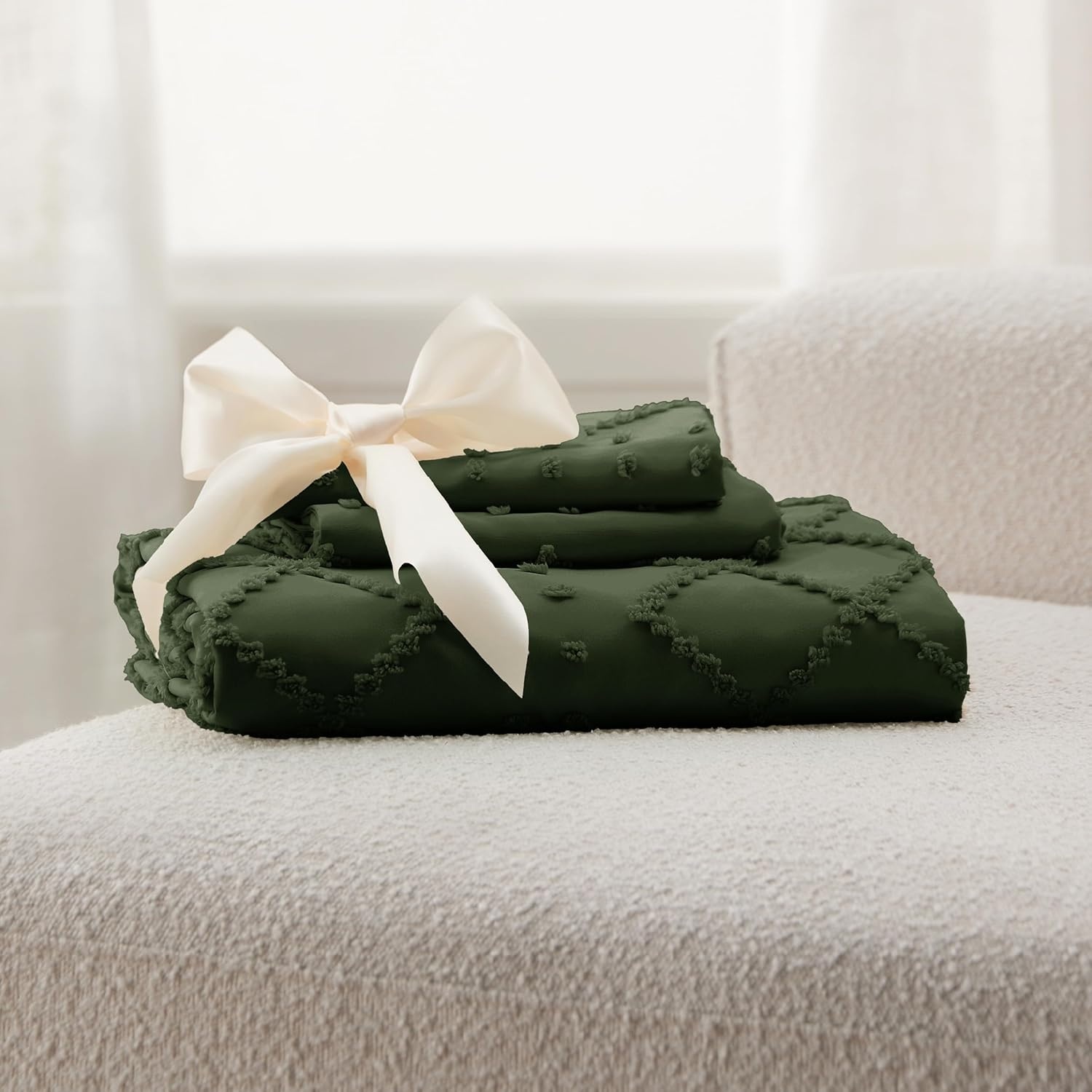 image:imageBedsure Boho Duvet Cover King Size  Rose Pink Tufted Boho Bedding Distressed Vintage Embroidery Bedding for All Seasons 3 Pieces 1 Soft Jacquard King Comforter Cover and 2 Pillow Shams03  Olive Green No Comforter