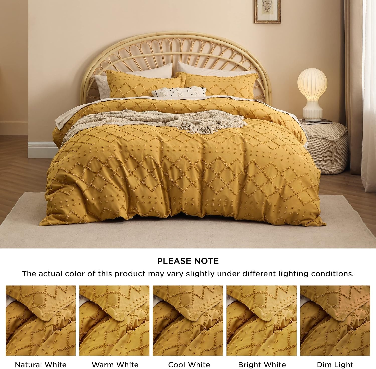 image:imageBedsure Boho Duvet Cover King Size  Rose Pink Tufted Boho Bedding Distressed Vintage Embroidery Bedding for All Seasons 3 Pieces 1 Soft Jacquard King Comforter Cover and 2 Pillow Shams23  Mustard Yellow No Comforter