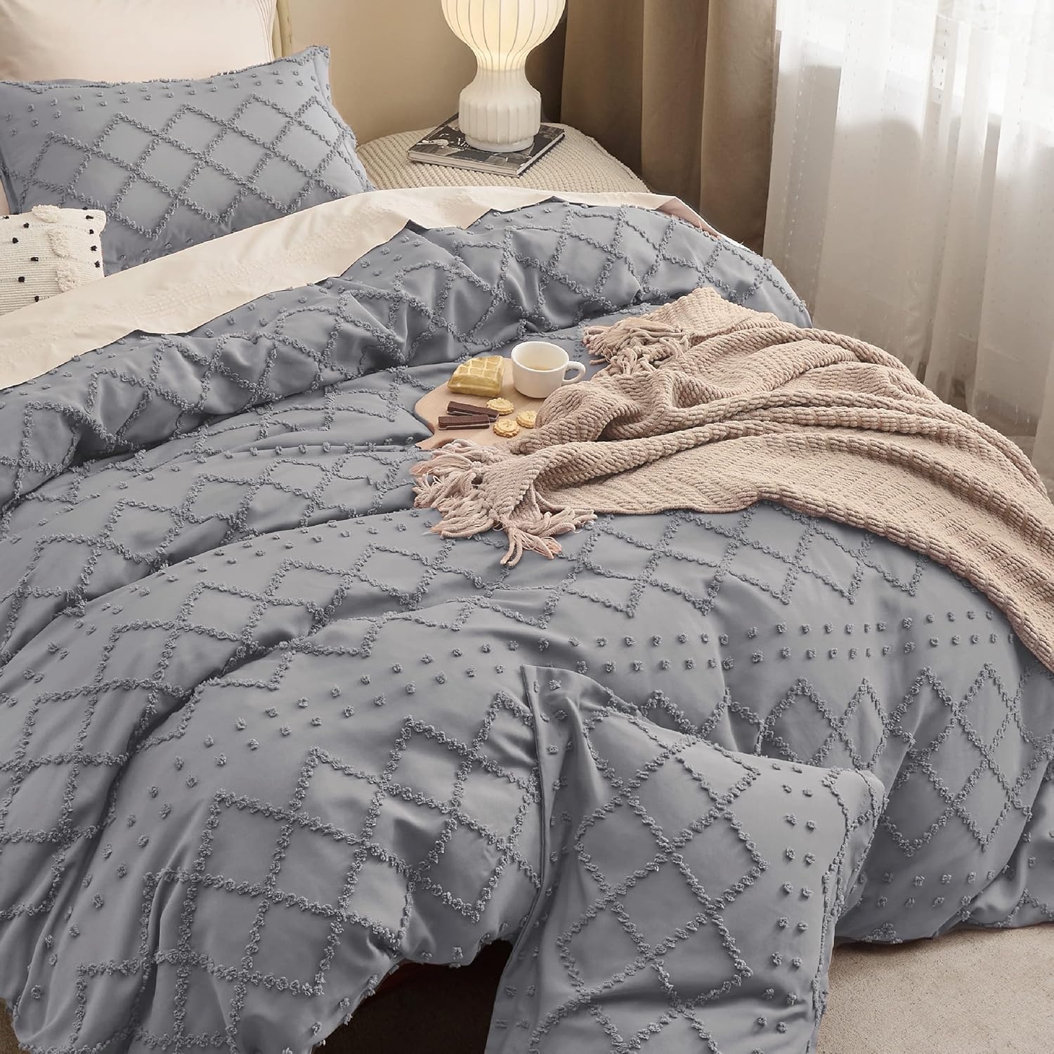 image:imageBedsure Boho Duvet Cover King Size  Rose Pink Tufted Boho Bedding Distressed Vintage Embroidery Bedding for All Seasons 3 Pieces 1 Soft Jacquard King Comforter Cover and 2 Pillow Shams20  Grey No Comforter