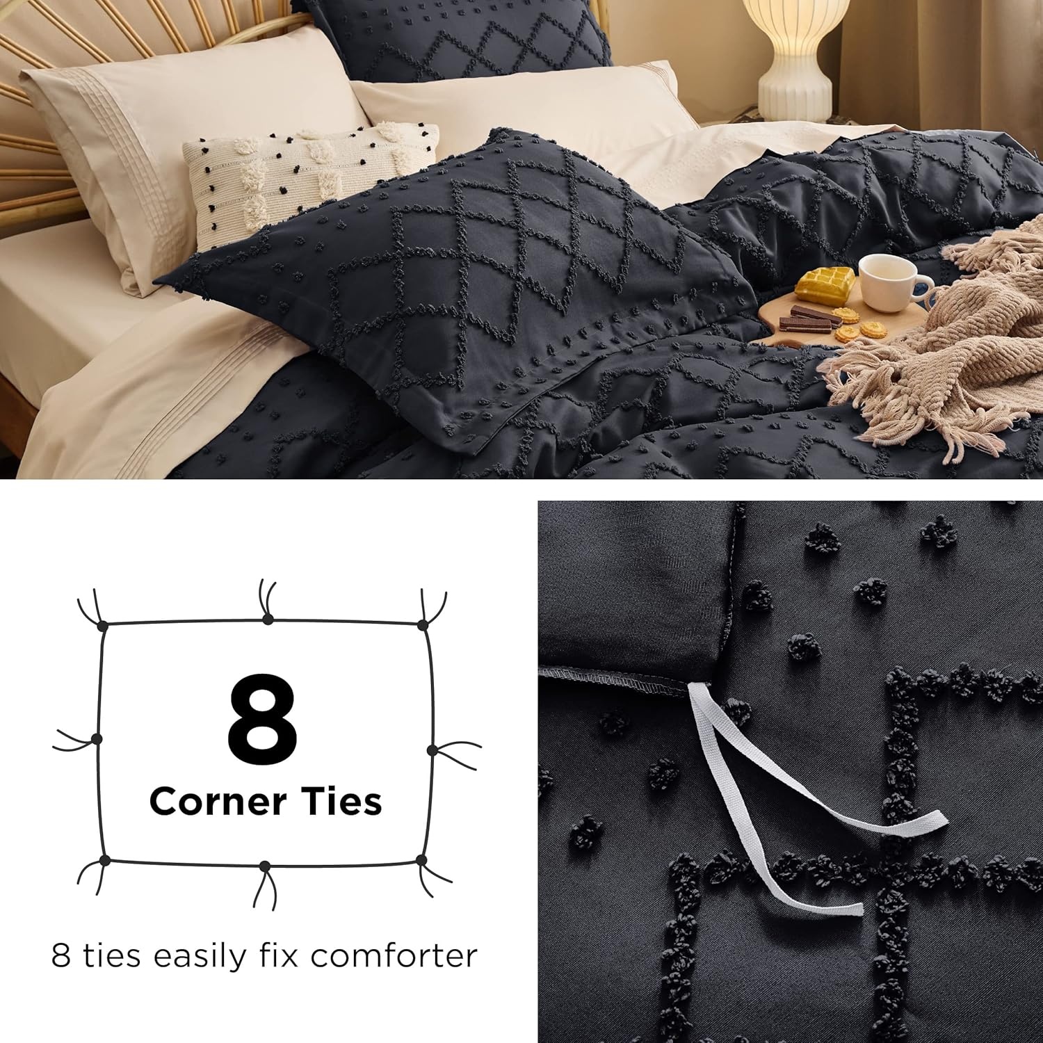image:imageBedsure Boho Duvet Cover King Size  Rose Pink Tufted Boho Bedding Distressed Vintage Embroidery Bedding for All Seasons 3 Pieces 1 Soft Jacquard King Comforter Cover and 2 Pillow Shams18  Black No Comforter