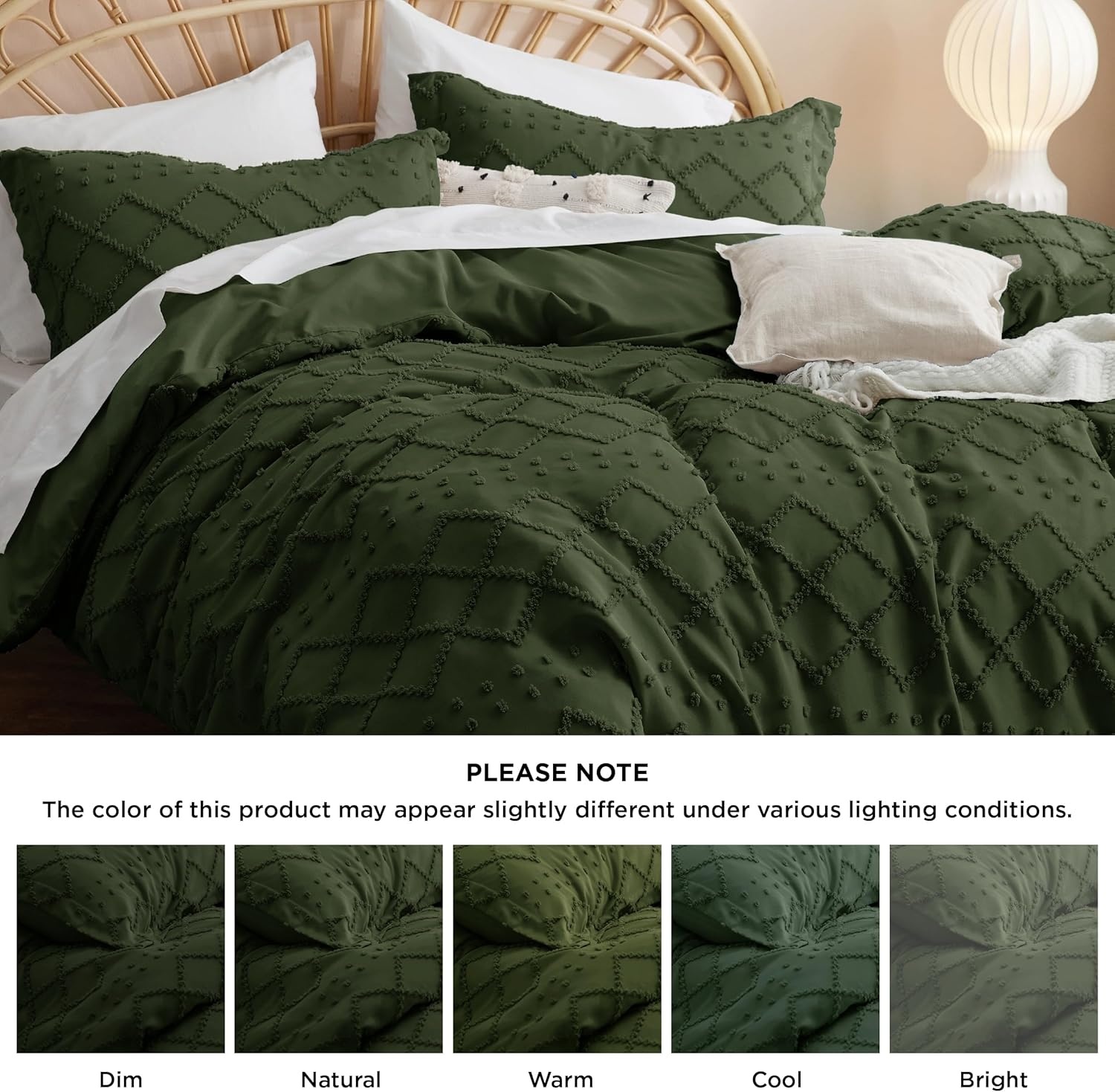 image:imageBedsure Boho Duvet Cover King Size  Rose Pink Tufted Boho Bedding Distressed Vintage Embroidery Bedding for All Seasons 3 Pieces 1 Soft Jacquard King Comforter Cover and 2 Pillow Shams03  Olive Green No Comforter