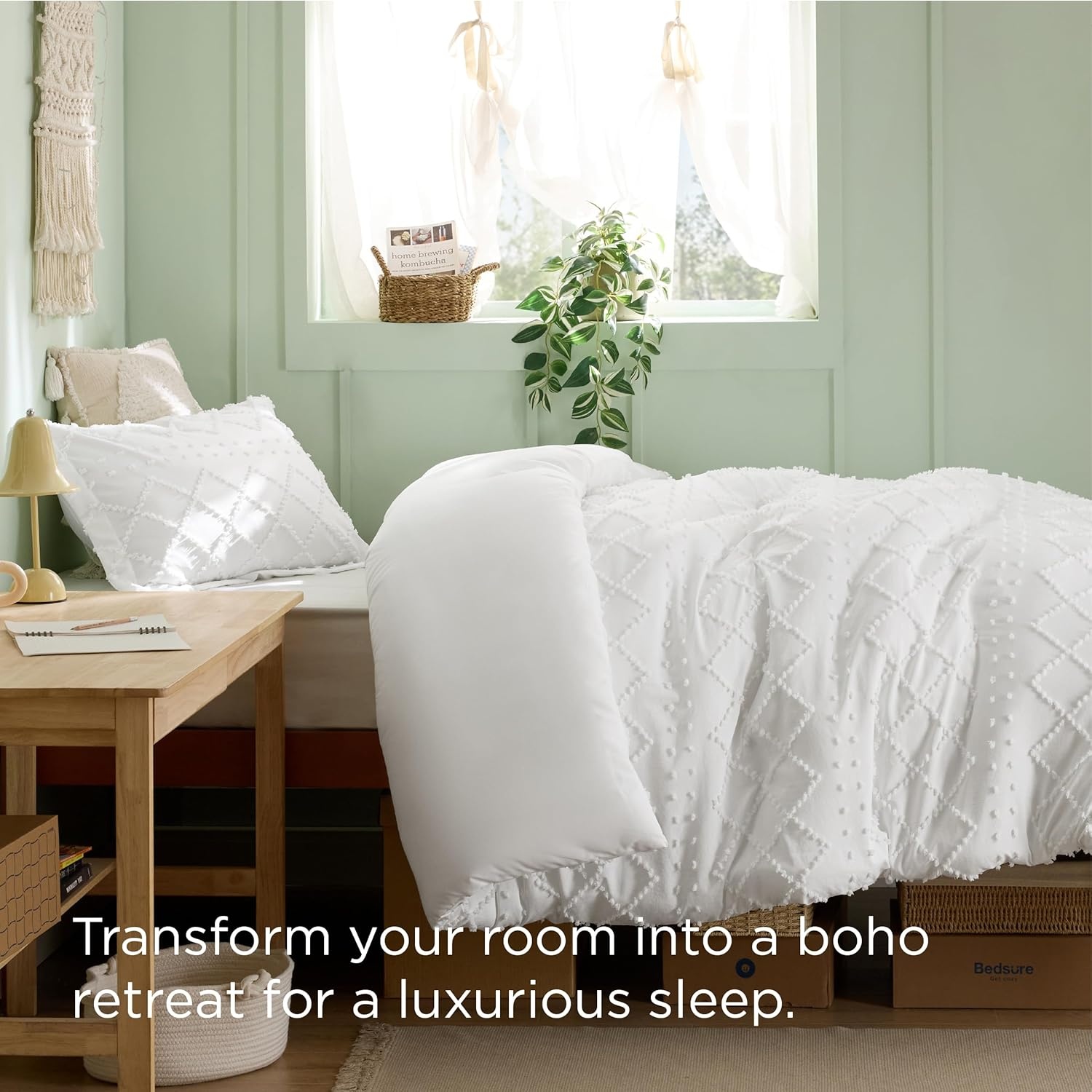 image:imageBedsure Boho Duvet Cover King Size  Rose Pink Tufted Boho Bedding Distressed Vintage Embroidery Bedding for All Seasons 3 Pieces 1 Soft Jacquard King Comforter Cover and 2 Pillow Shams01  White No Comforter