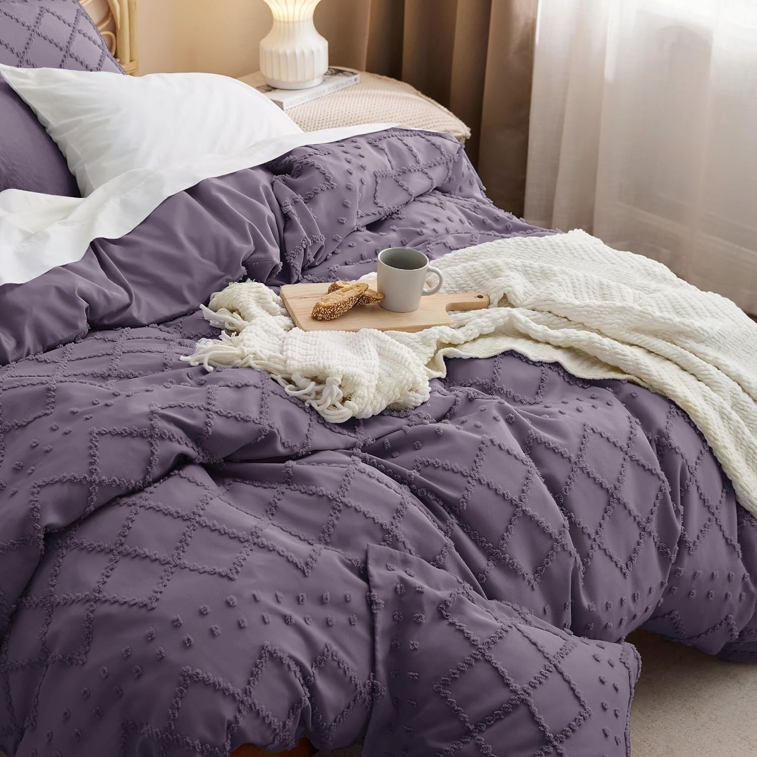 image:imageBedsure Boho Duvet Cover King Size  Rose Pink Tufted Boho Bedding Distressed Vintage Embroidery Bedding for All Seasons 3 Pieces 1 Soft Jacquard King Comforter Cover and 2 Pillow Shams00  Grayish Purple No Comforter