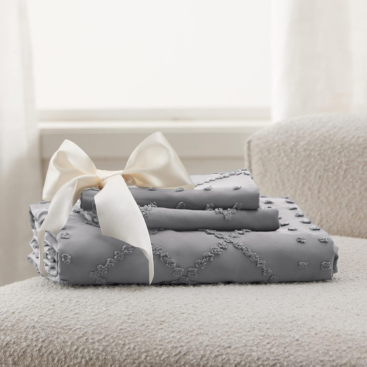 image:imageBedsure Boho Duvet Cover King Size  Rose Pink Tufted Boho Bedding Distressed Vintage Embroidery Bedding for All Seasons 3 Pieces 1 Soft Jacquard King Comforter Cover and 2 Pillow Shams20  Grey No Comforter
