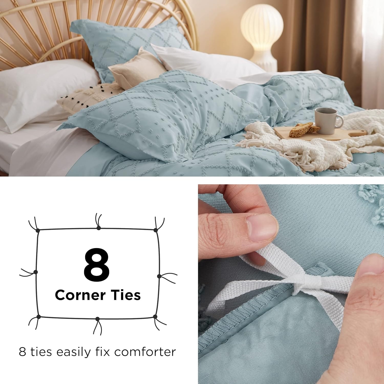 image:imageBedsure Boho Duvet Cover King Size  Rose Pink Tufted Boho Bedding Distressed Vintage Embroidery Bedding for All Seasons 3 Pieces 1 Soft Jacquard King Comforter Cover and 2 Pillow Shams10  Dusty Blue No Comforter
