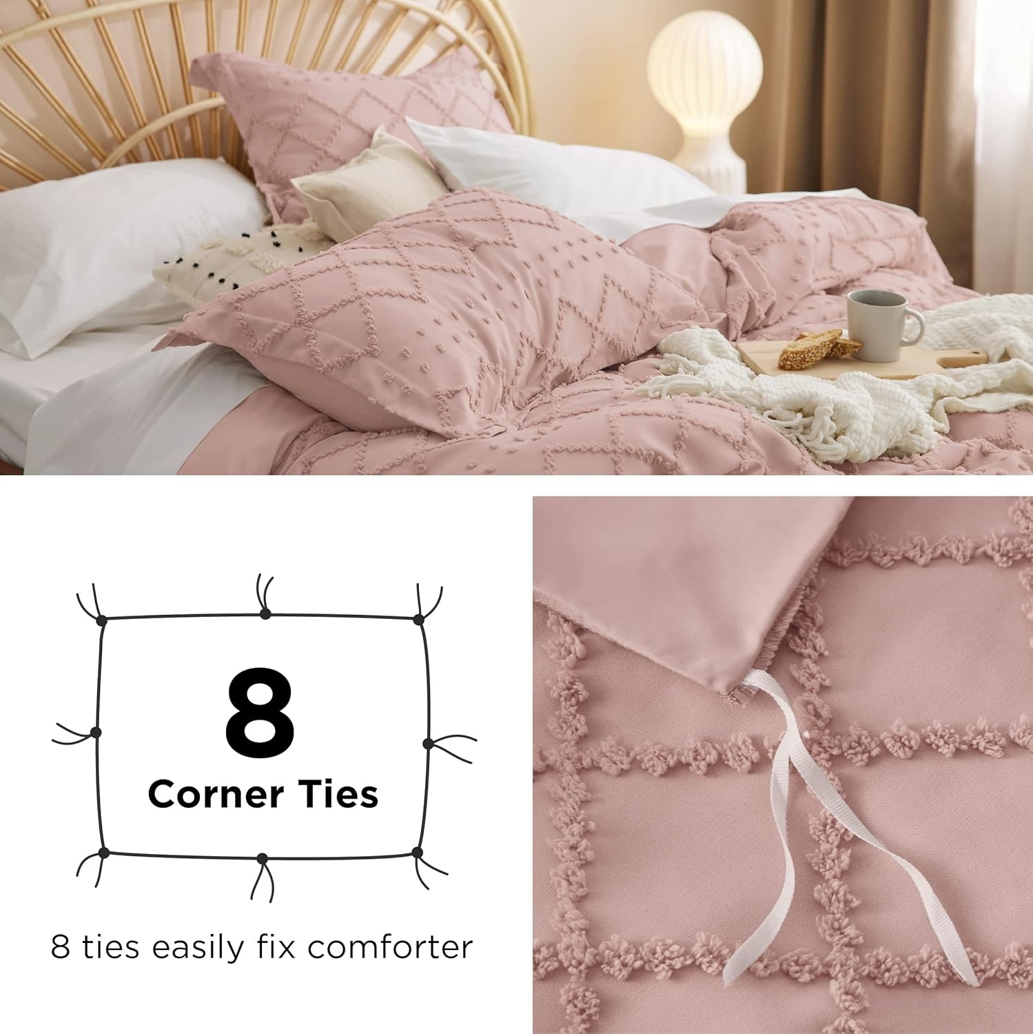 image:imageBedsure Boho Duvet Cover King Size  Rose Pink Tufted Boho Bedding Distressed Vintage Embroidery Bedding for All Seasons 3 Pieces 1 Soft Jacquard King Comforter Cover and 2 Pillow Shams19  Pink No Comforter