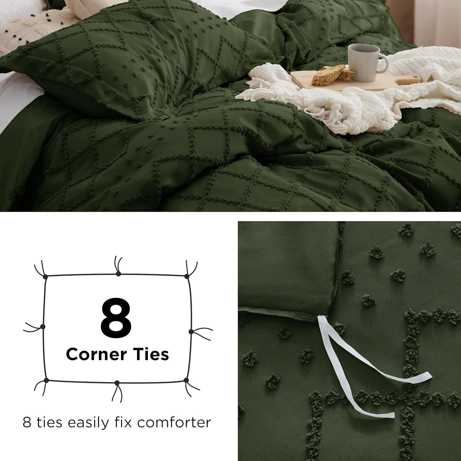image:imageBedsure Boho Duvet Cover King Size  Rose Pink Tufted Boho Bedding Distressed Vintage Embroidery Bedding for All Seasons 3 Pieces 1 Soft Jacquard King Comforter Cover and 2 Pillow Shams03  Olive Green No Comforter
