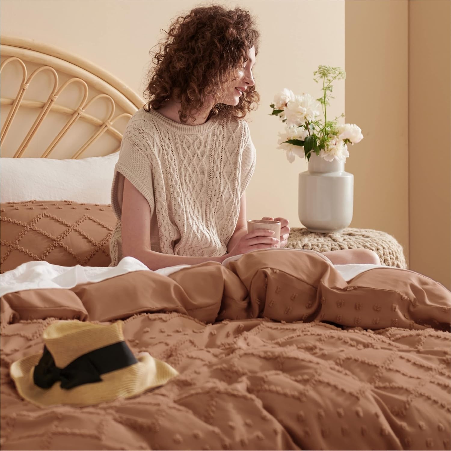 image:imageBedsure Boho Duvet Cover King Size  Rose Pink Tufted Boho Bedding Distressed Vintage Embroidery Bedding for All Seasons 3 Pieces 1 Soft Jacquard King Comforter Cover and 2 Pillow Shams17  Burnt Orange No Comforter
