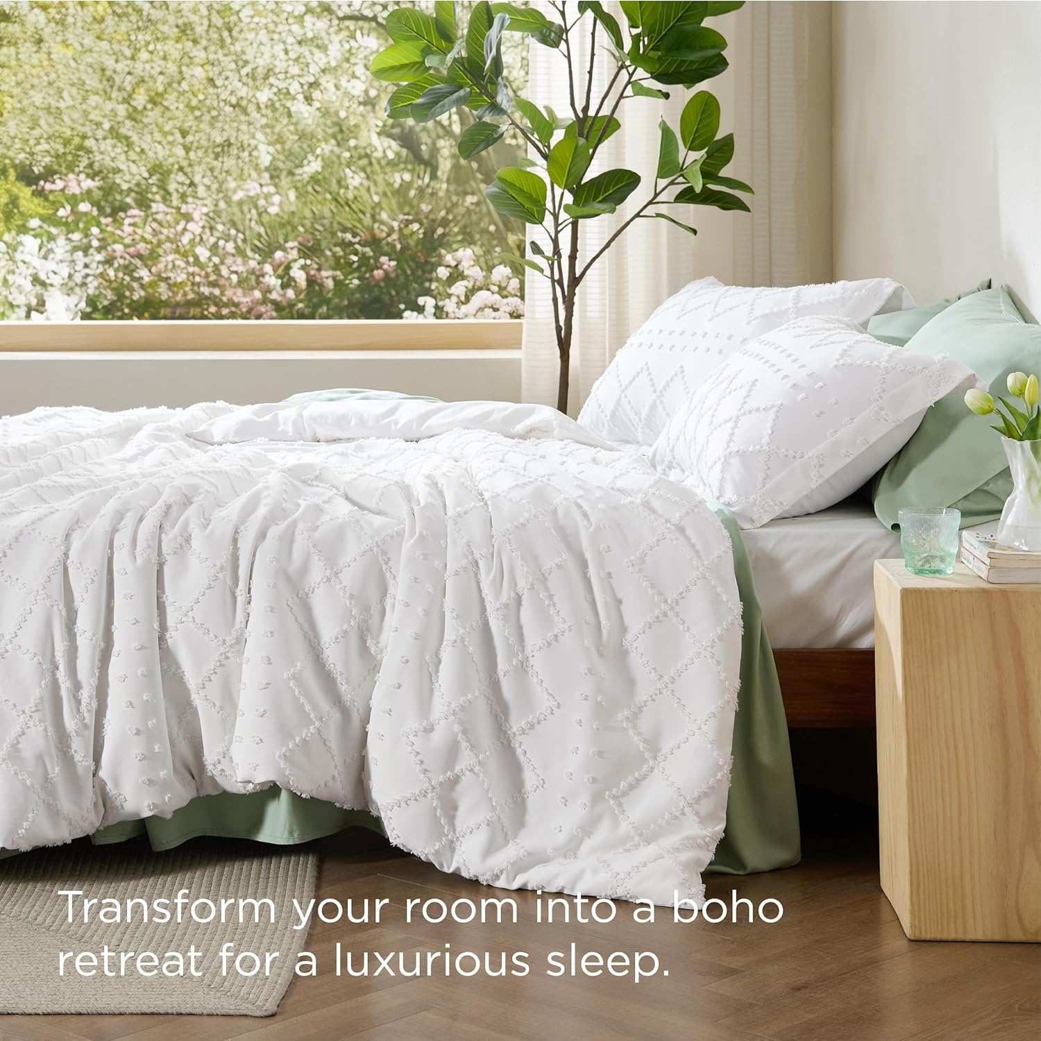 image:imageBedsure Boho Duvet Cover King Size  Rose Pink Tufted Boho Bedding Distressed Vintage Embroidery Bedding for All Seasons 3 Pieces 1 Soft Jacquard King Comforter Cover and 2 Pillow Shams01  White No Comforter