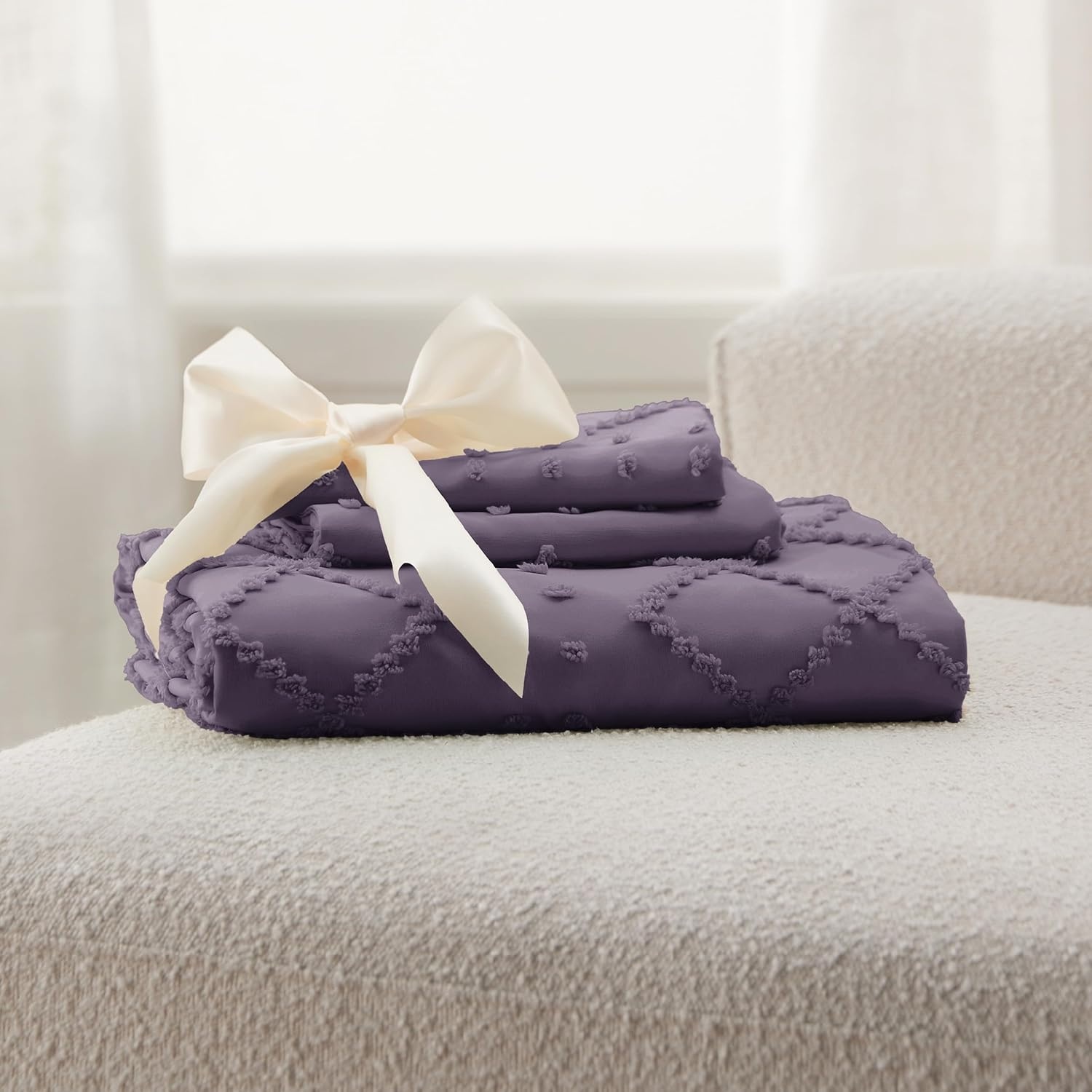 image:imageBedsure Boho Duvet Cover King Size  Rose Pink Tufted Boho Bedding Distressed Vintage Embroidery Bedding for All Seasons 3 Pieces 1 Soft Jacquard King Comforter Cover and 2 Pillow Shams00  Grayish Purple No Comforter