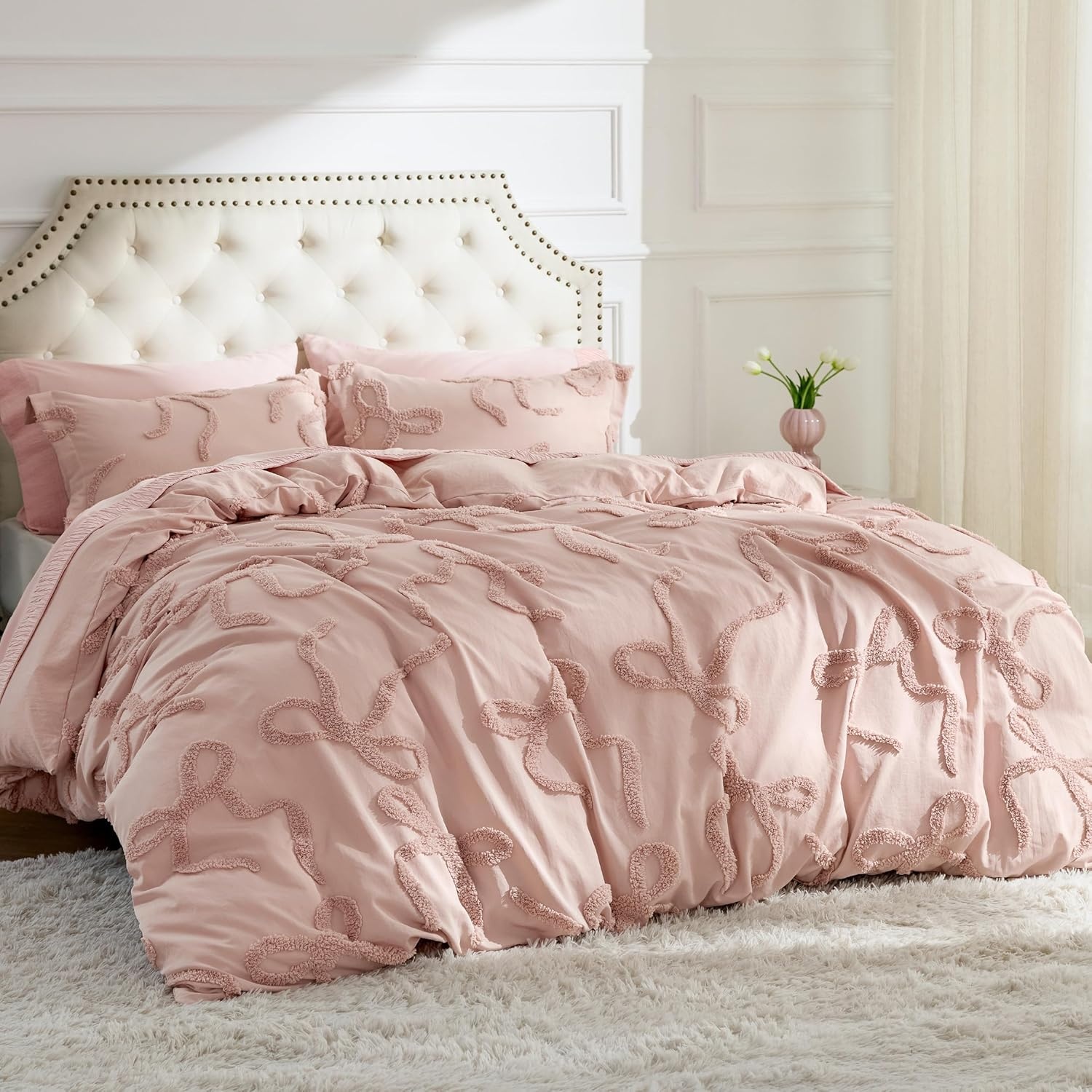 image:imageBedsure Boho Duvet Cover King Size  Rose Pink Tufted Boho Bedding Distressed Vintage Embroidery Bedding for All Seasons 3 Pieces 1 Soft Jacquard King Comforter Cover and 2 Pillow Shams05  Pink  Bowknot Tuftedno Comforter