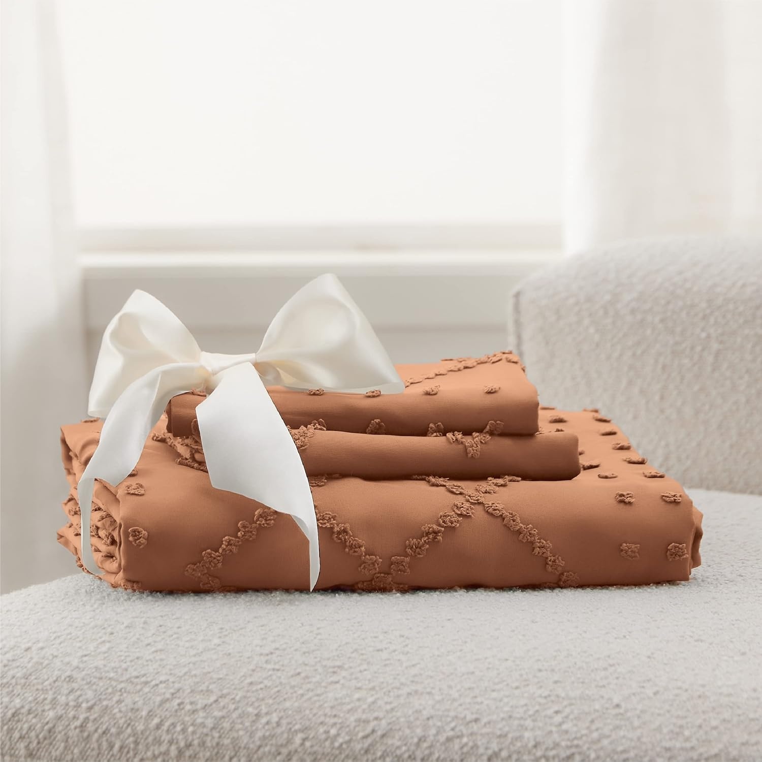 image:imageBedsure Boho Duvet Cover King Size  Rose Pink Tufted Boho Bedding Distressed Vintage Embroidery Bedding for All Seasons 3 Pieces 1 Soft Jacquard King Comforter Cover and 2 Pillow Shams17  Burnt Orange No Comforter
