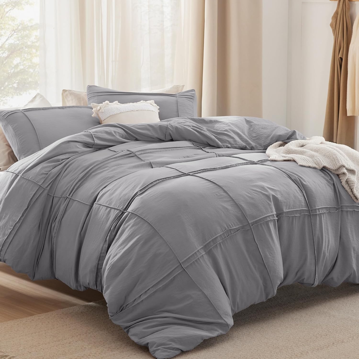 image:imageBedsure Boho Duvet Cover King Size  Rose Pink Tufted Boho Bedding Distressed Vintage Embroidery Bedding for All Seasons 3 Pieces 1 Soft Jacquard King Comforter Cover and 2 Pillow Shams38  Grey  Grid No Comforter