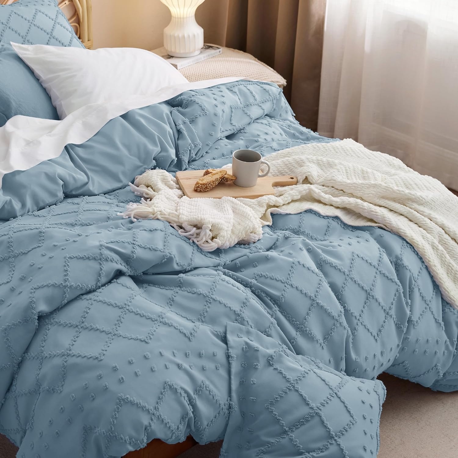 image:imageBedsure Boho Duvet Cover King Size  Rose Pink Tufted Boho Bedding Distressed Vintage Embroidery Bedding for All Seasons 3 Pieces 1 Soft Jacquard King Comforter Cover and 2 Pillow Shams09  Mineral Blueno Comforter