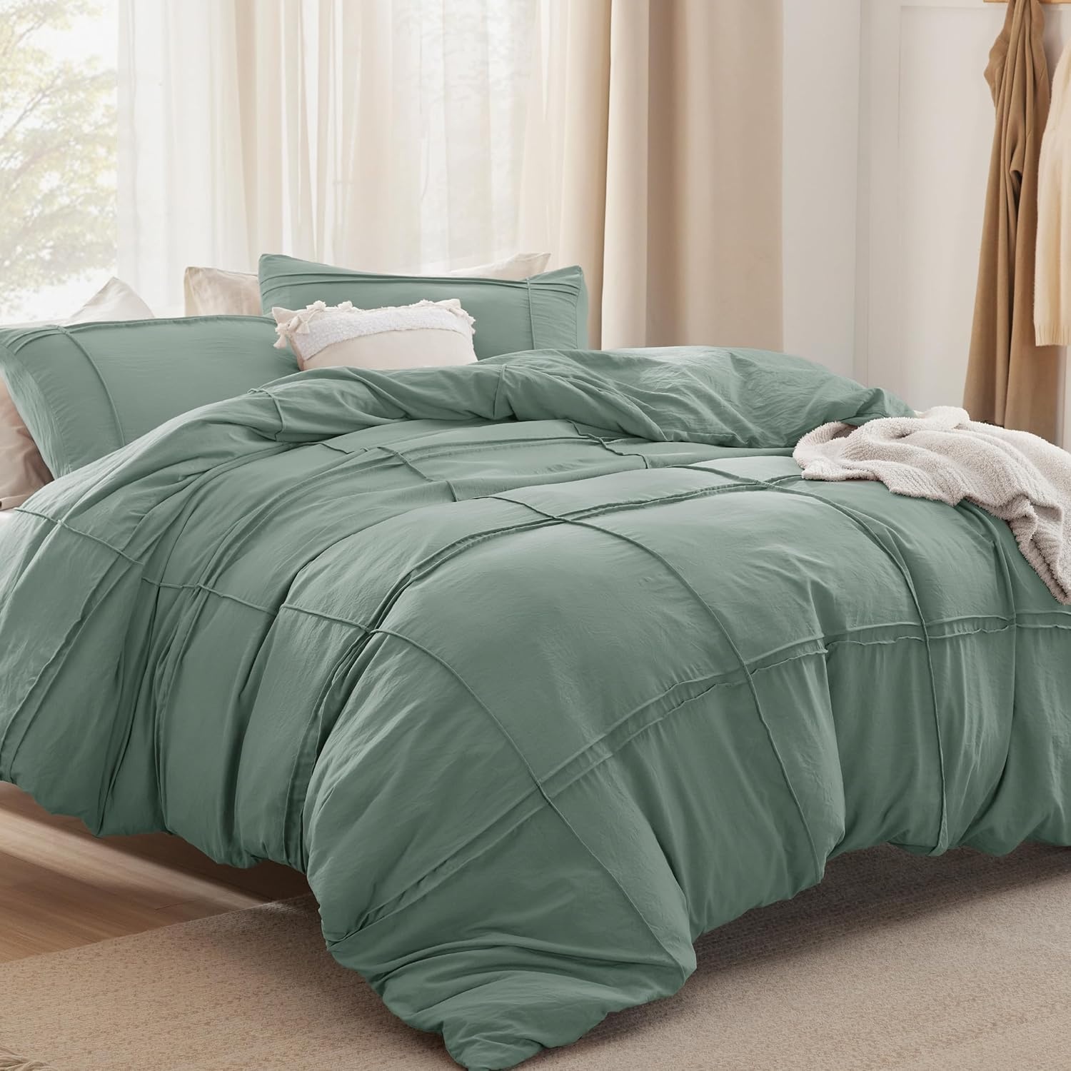 image:imageBedsure Boho Duvet Cover King Size  Rose Pink Tufted Boho Bedding Distressed Vintage Embroidery Bedding for All Seasons 3 Pieces 1 Soft Jacquard King Comforter Cover and 2 Pillow Shams37  Green  Grid No Comforter