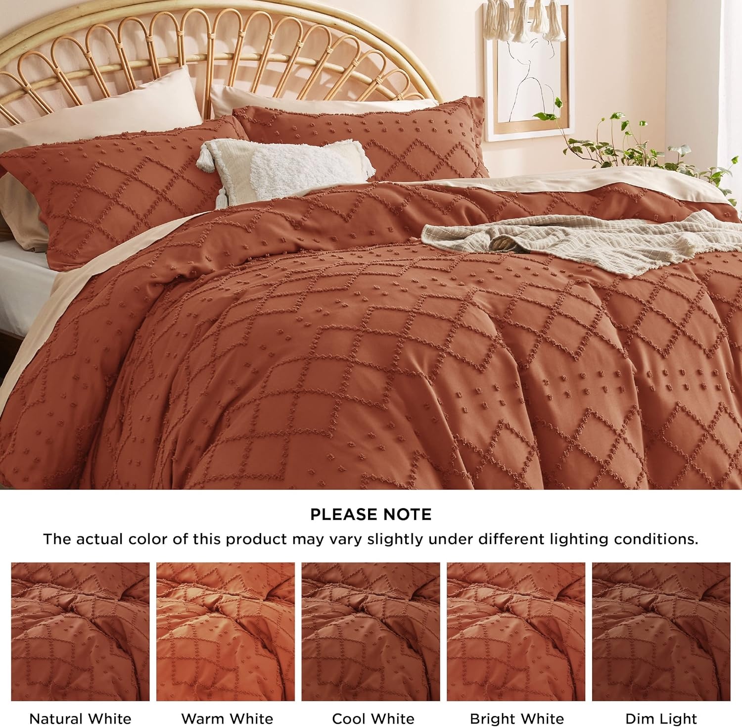 image:imageBedsure Boho Duvet Cover King Size  Rose Pink Tufted Boho Bedding Distressed Vintage Embroidery Bedding for All Seasons 3 Pieces 1 Soft Jacquard King Comforter Cover and 2 Pillow Shams08  Terracotta No Comforter