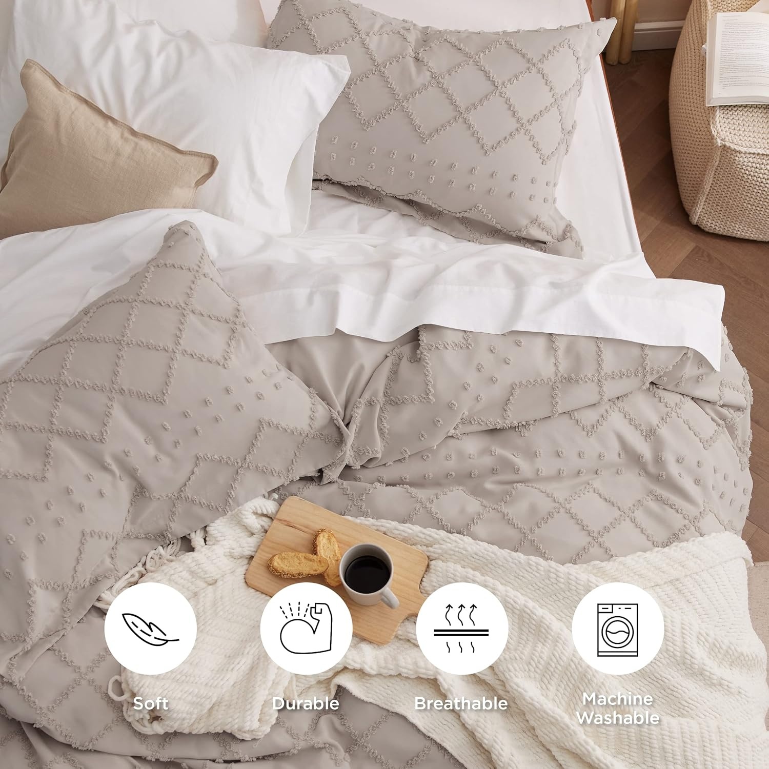 image:imageBedsure Boho Duvet Cover King Size  Rose Pink Tufted Boho Bedding Distressed Vintage Embroidery Bedding for All Seasons 3 Pieces 1 Soft Jacquard King Comforter Cover and 2 Pillow Shams04  Linen No Comforter