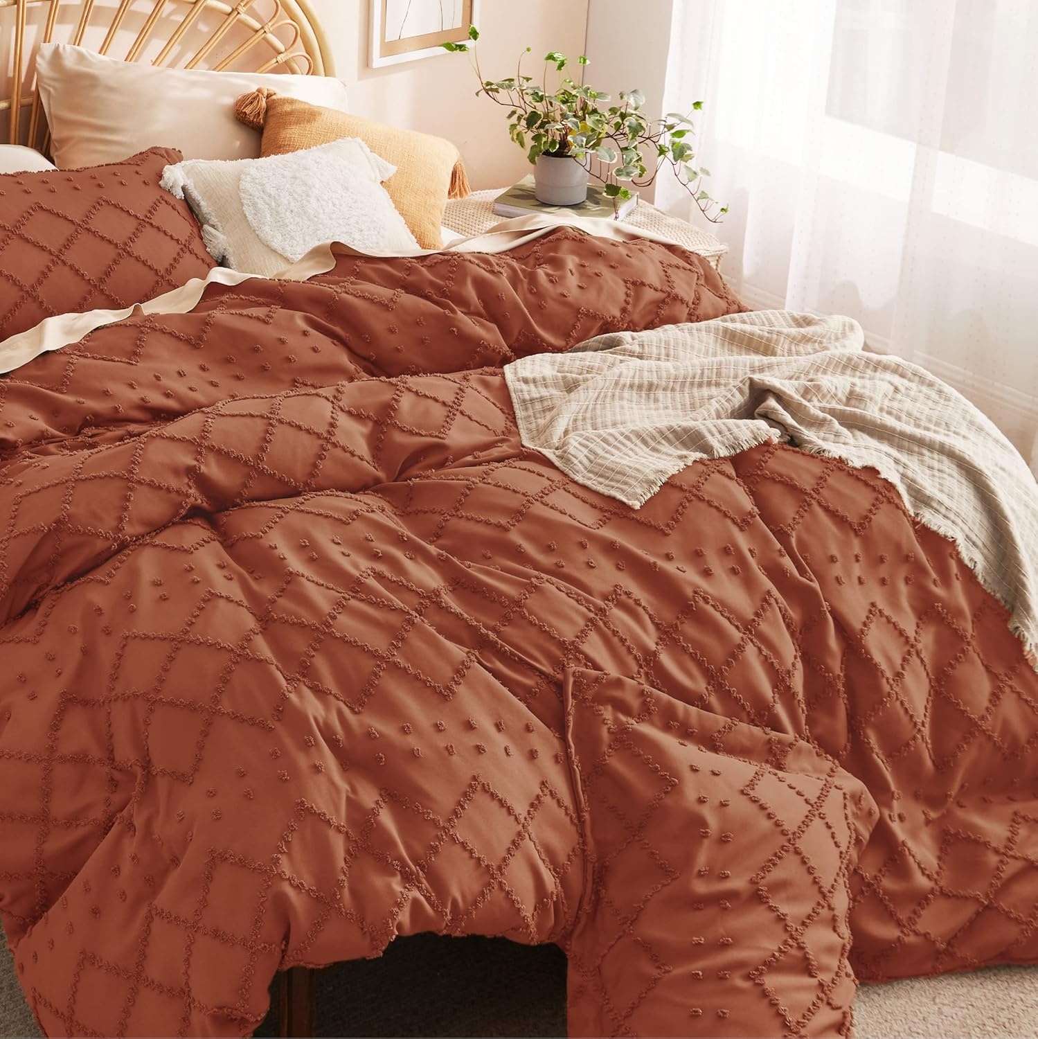 image:imageBedsure Boho Duvet Cover King Size  Rose Pink Tufted Boho Bedding Distressed Vintage Embroidery Bedding for All Seasons 3 Pieces 1 Soft Jacquard King Comforter Cover and 2 Pillow Shams08  Terracotta No Comforter