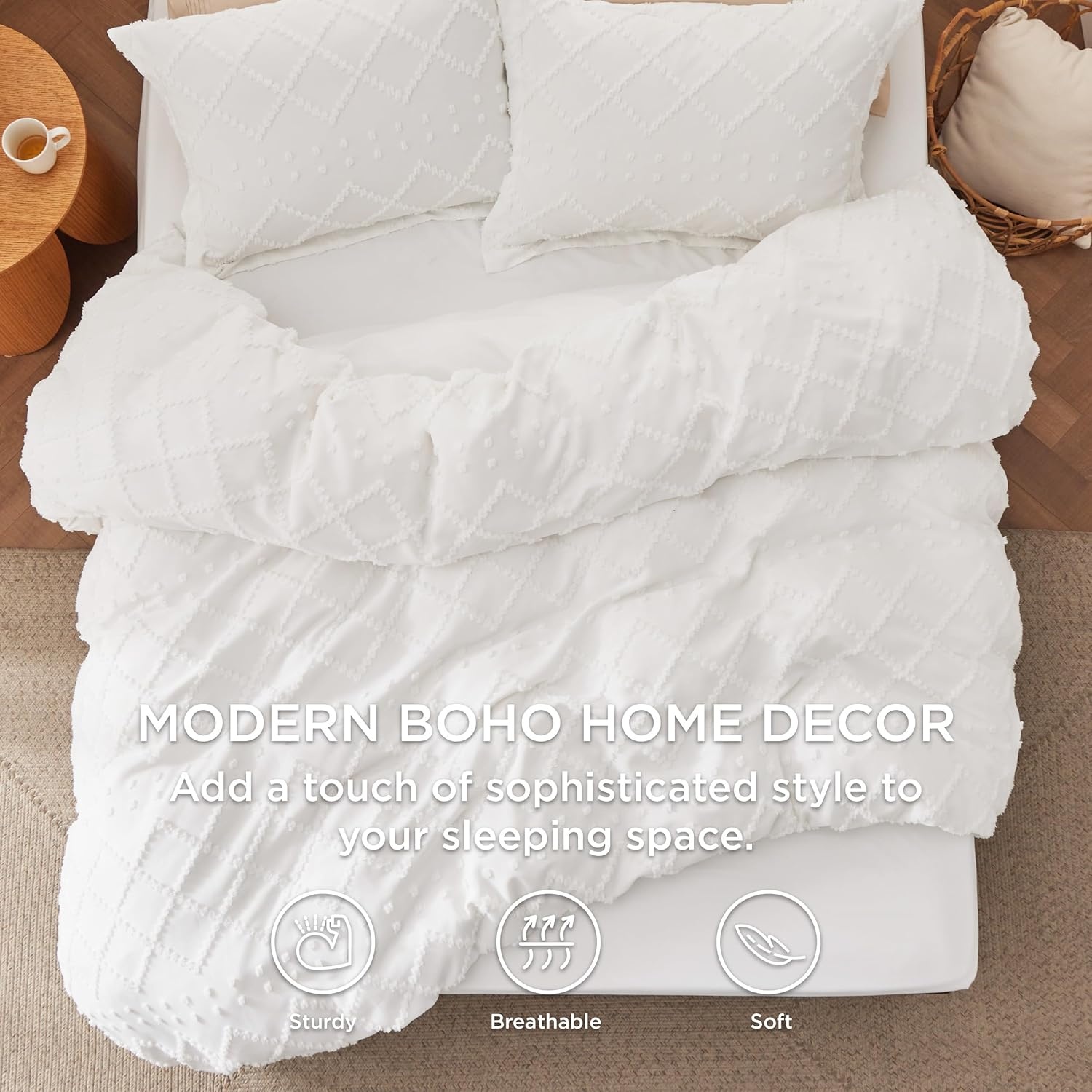 image:imageBedsure Boho Duvet Cover King Size  Rose Pink Tufted Boho Bedding Distressed Vintage Embroidery Bedding for All Seasons 3 Pieces 1 Soft Jacquard King Comforter Cover and 2 Pillow Shams01  White No Comforter