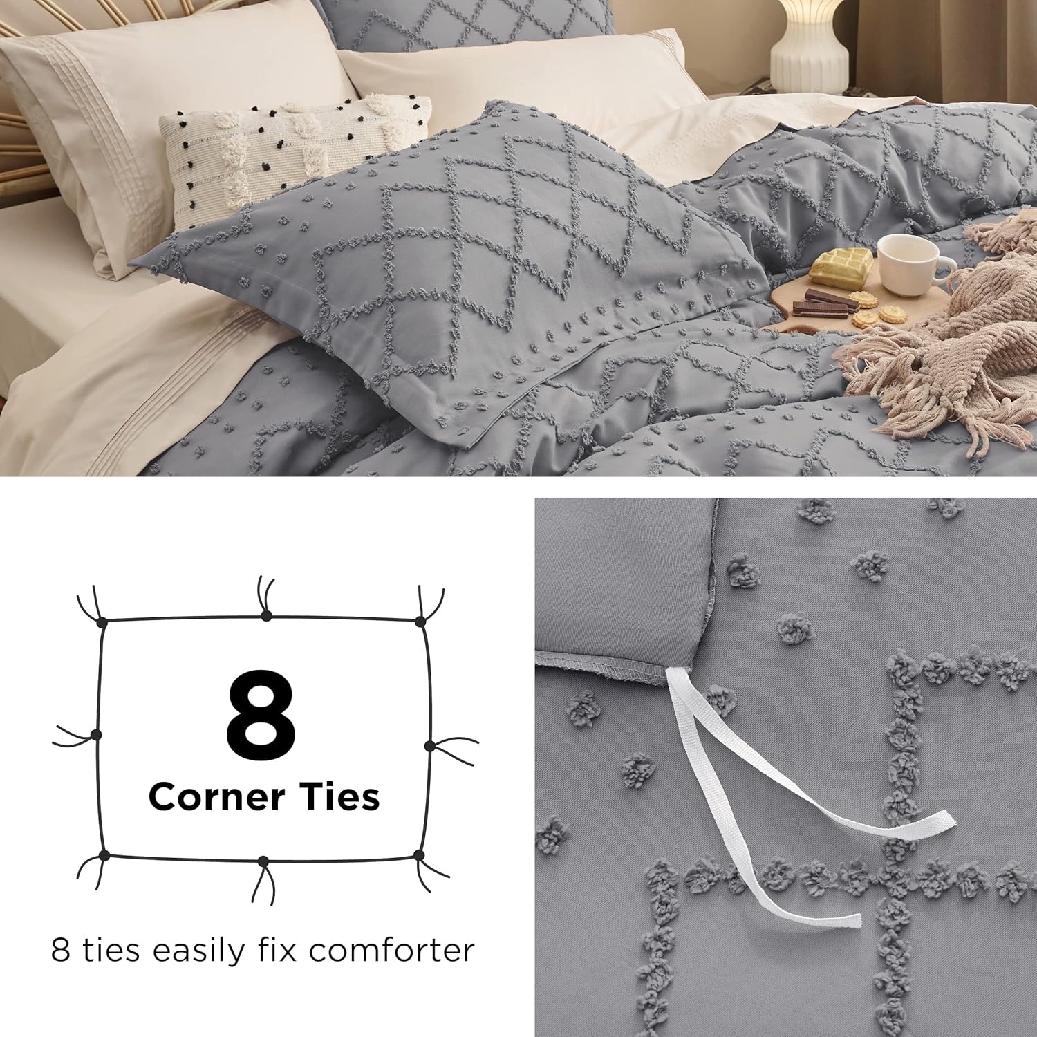 image:imageBedsure Boho Duvet Cover King Size  Rose Pink Tufted Boho Bedding Distressed Vintage Embroidery Bedding for All Seasons 3 Pieces 1 Soft Jacquard King Comforter Cover and 2 Pillow Shams20  Grey No Comforter