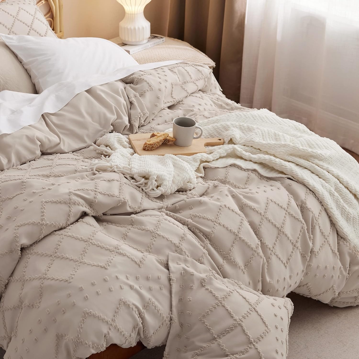 image:imageBedsure Boho Duvet Cover King Size  Rose Pink Tufted Boho Bedding Distressed Vintage Embroidery Bedding for All Seasons 3 Pieces 1 Soft Jacquard King Comforter Cover and 2 Pillow Shams21  Khaki No Comforter