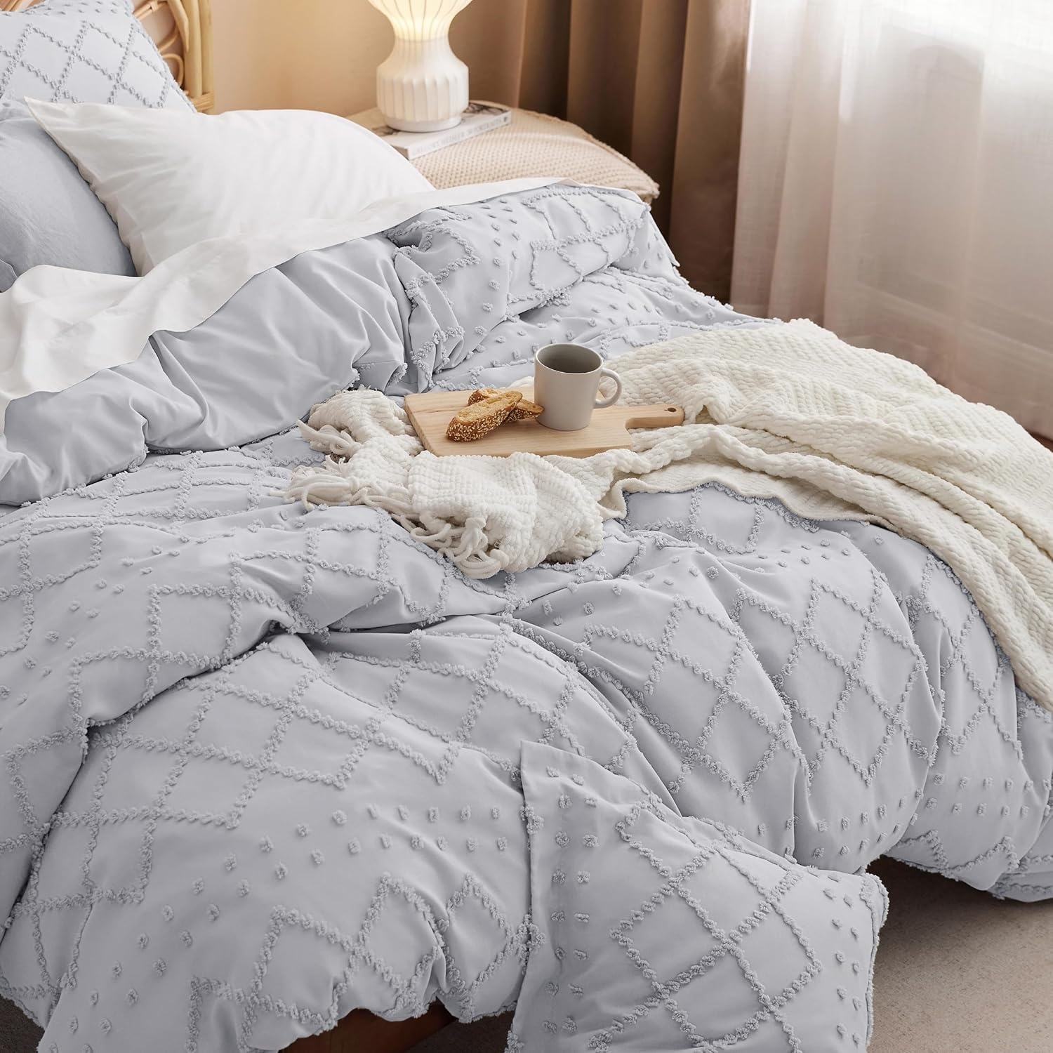 image:imageBedsure Boho Duvet Cover King Size  Rose Pink Tufted Boho Bedding Distressed Vintage Embroidery Bedding for All Seasons 3 Pieces 1 Soft Jacquard King Comforter Cover and 2 Pillow Shams12  Light Grey No Comforter