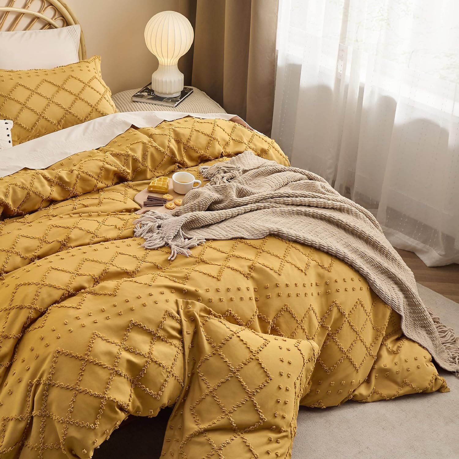 image:imageBedsure Boho Duvet Cover King Size  Rose Pink Tufted Boho Bedding Distressed Vintage Embroidery Bedding for All Seasons 3 Pieces 1 Soft Jacquard King Comforter Cover and 2 Pillow Shams23  Mustard Yellow No Comforter
