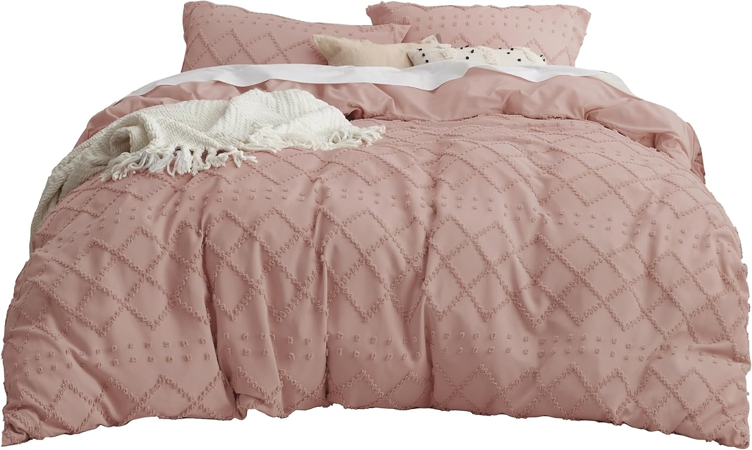 image:imageBedsure Boho Duvet Cover King Size  Rose Pink Tufted Boho Bedding Distressed Vintage Embroidery Bedding for All Seasons 3 Pieces 1 Soft Jacquard King Comforter Cover and 2 Pillow Shams19  Pink No Comforter