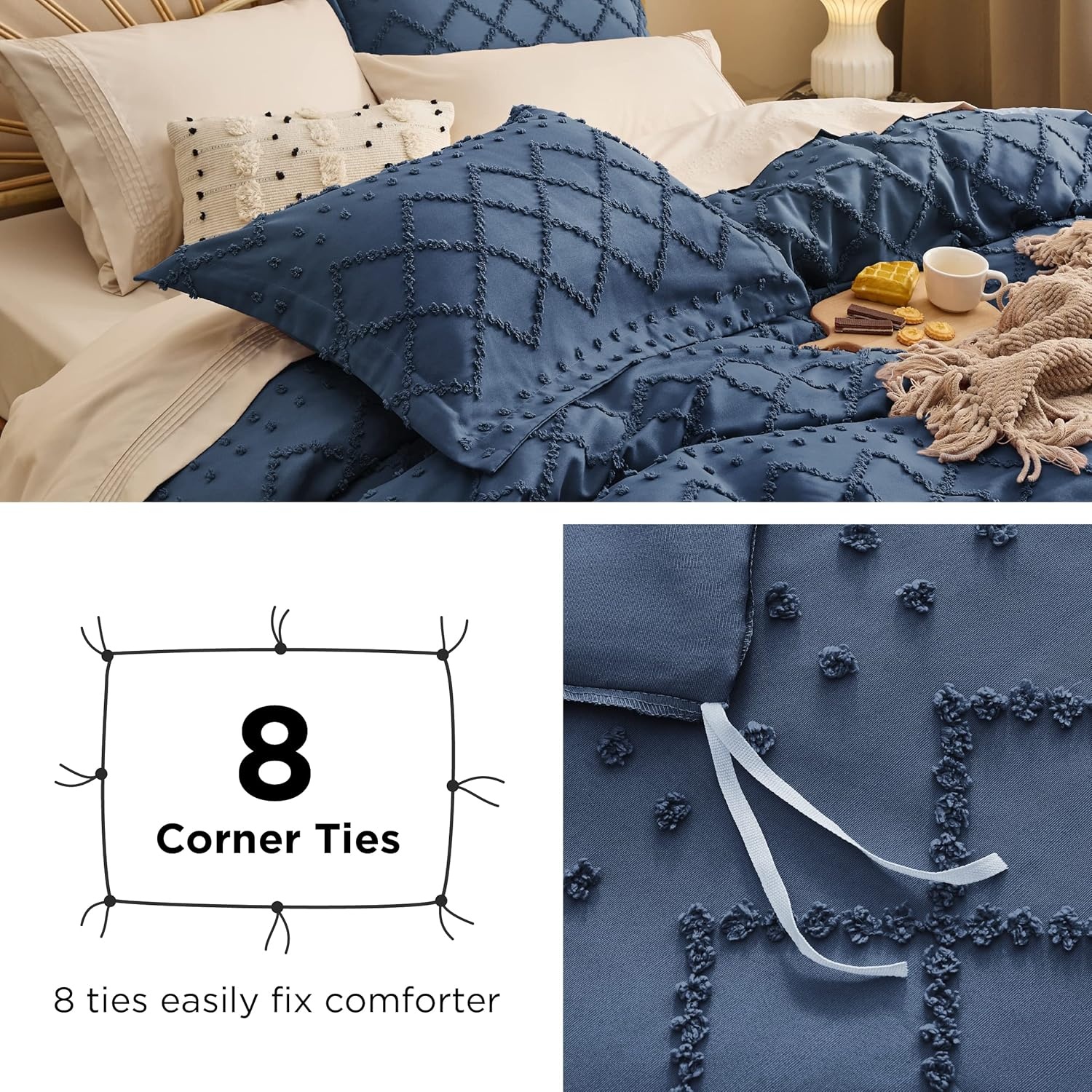 image:imageBedsure Boho Duvet Cover King Size  Rose Pink Tufted Boho Bedding Distressed Vintage Embroidery Bedding for All Seasons 3 Pieces 1 Soft Jacquard King Comforter Cover and 2 Pillow Shams02  Navy No Comforter