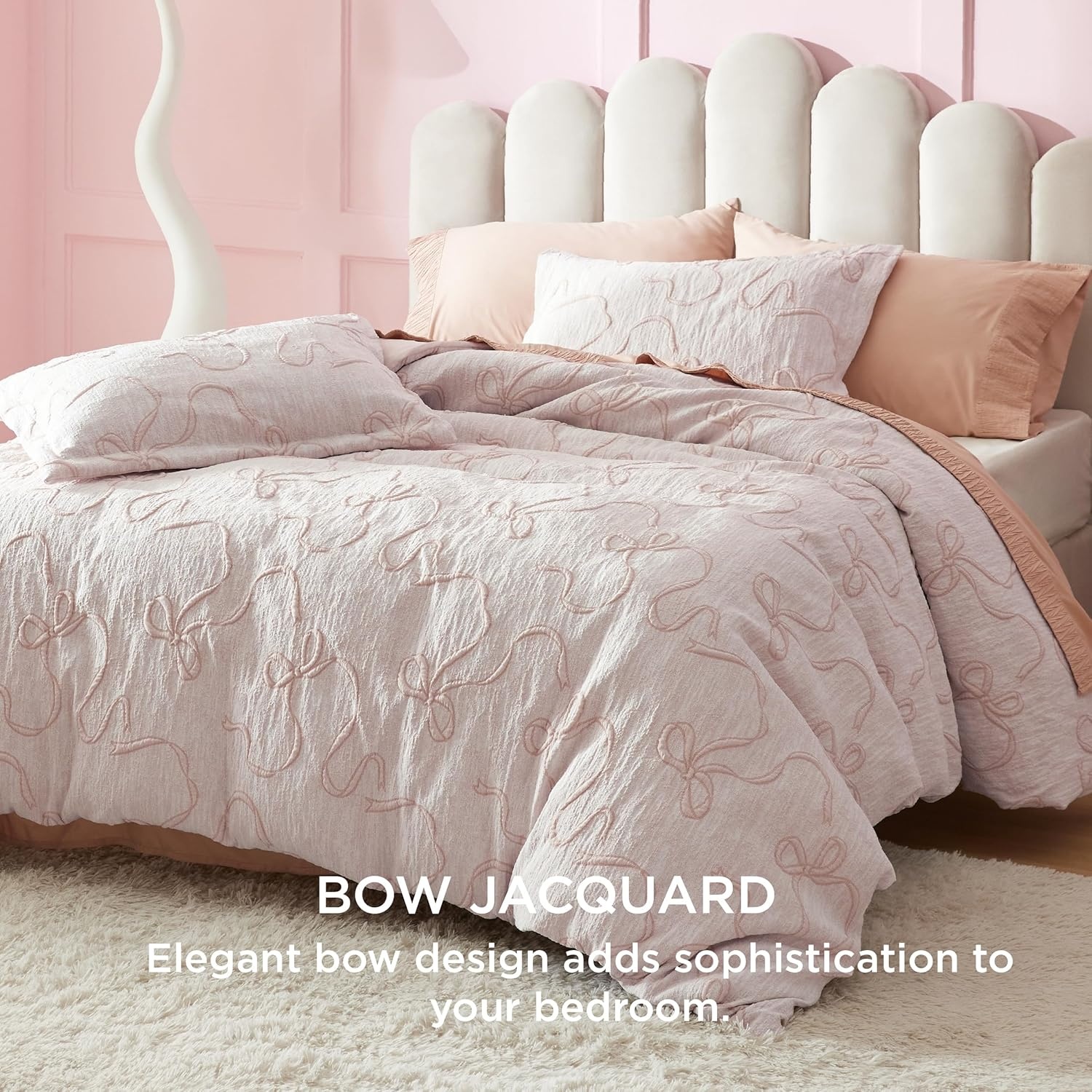 image:imageBedsure Boho Duvet Cover King Size  Rose Pink Tufted Boho Bedding Distressed Vintage Embroidery Bedding for All Seasons 3 Pieces 1 Soft Jacquard King Comforter Cover and 2 Pillow Shams06  Pink Bowknot No Comforter