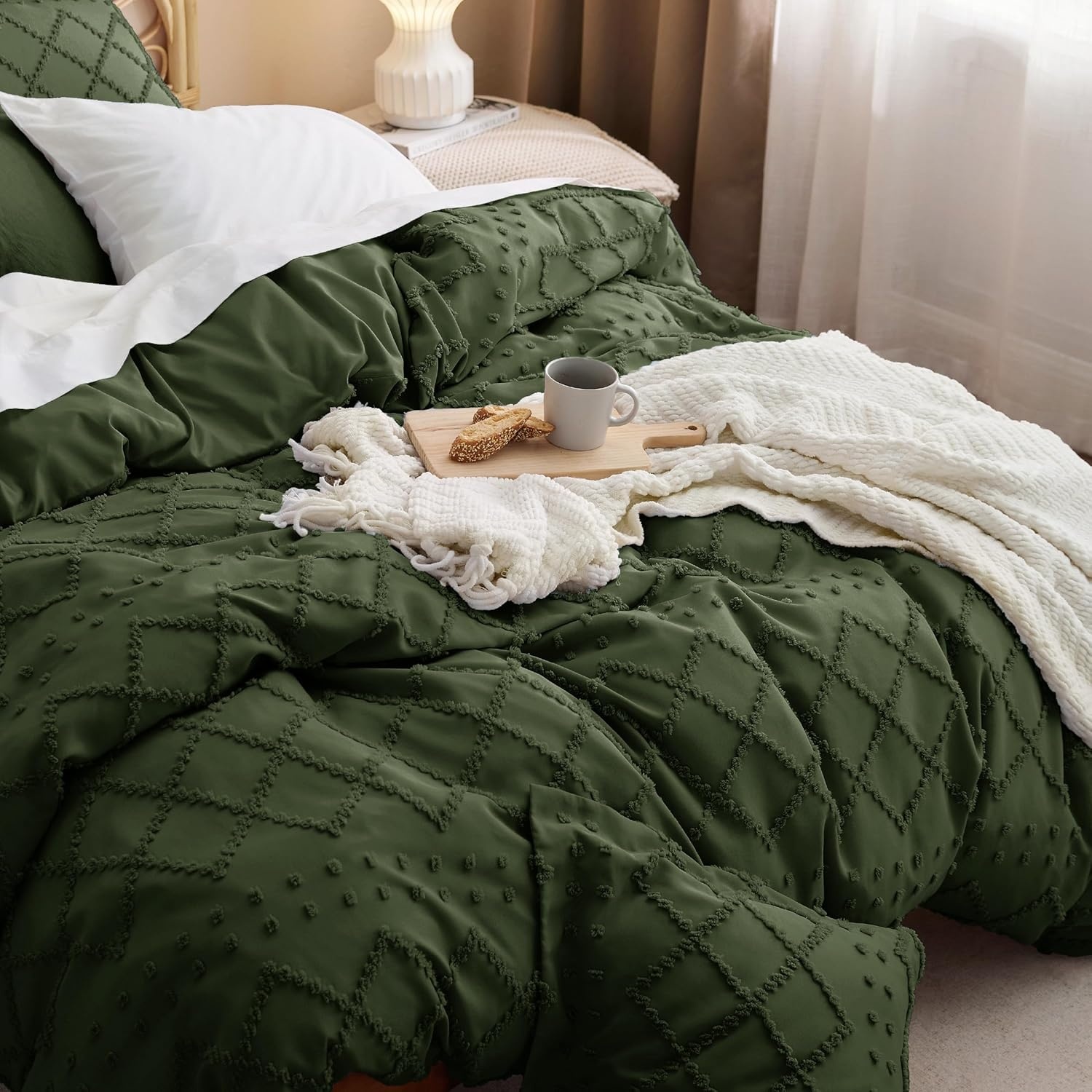 image:imageBedsure Boho Duvet Cover King Size  Rose Pink Tufted Boho Bedding Distressed Vintage Embroidery Bedding for All Seasons 3 Pieces 1 Soft Jacquard King Comforter Cover and 2 Pillow Shams03  Olive Green No Comforter