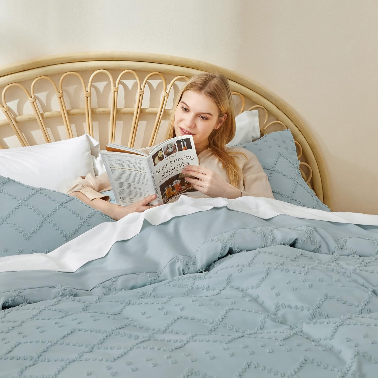 image:imageBedsure Boho Duvet Cover King Size  Rose Pink Tufted Boho Bedding Distressed Vintage Embroidery Bedding for All Seasons 3 Pieces 1 Soft Jacquard King Comforter Cover and 2 Pillow Shams10  Dusty Blue No Comforter
