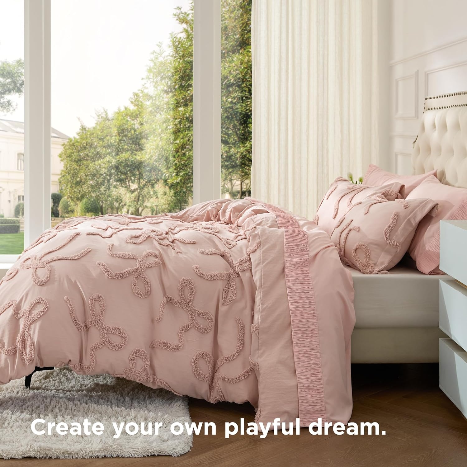 image:imageBedsure Boho Duvet Cover King Size  Rose Pink Tufted Boho Bedding Distressed Vintage Embroidery Bedding for All Seasons 3 Pieces 1 Soft Jacquard King Comforter Cover and 2 Pillow Shams05  Pink  Bowknot Tuftedno Comforter