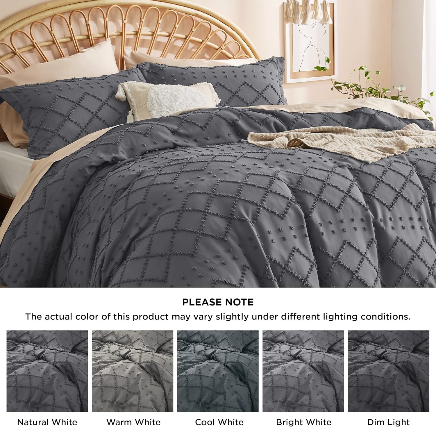 image:imageBedsure Boho Duvet Cover King Size  Rose Pink Tufted Boho Bedding Distressed Vintage Embroidery Bedding for All Seasons 3 Pieces 1 Soft Jacquard King Comforter Cover and 2 Pillow Shams15  Dark Grey No Comforter