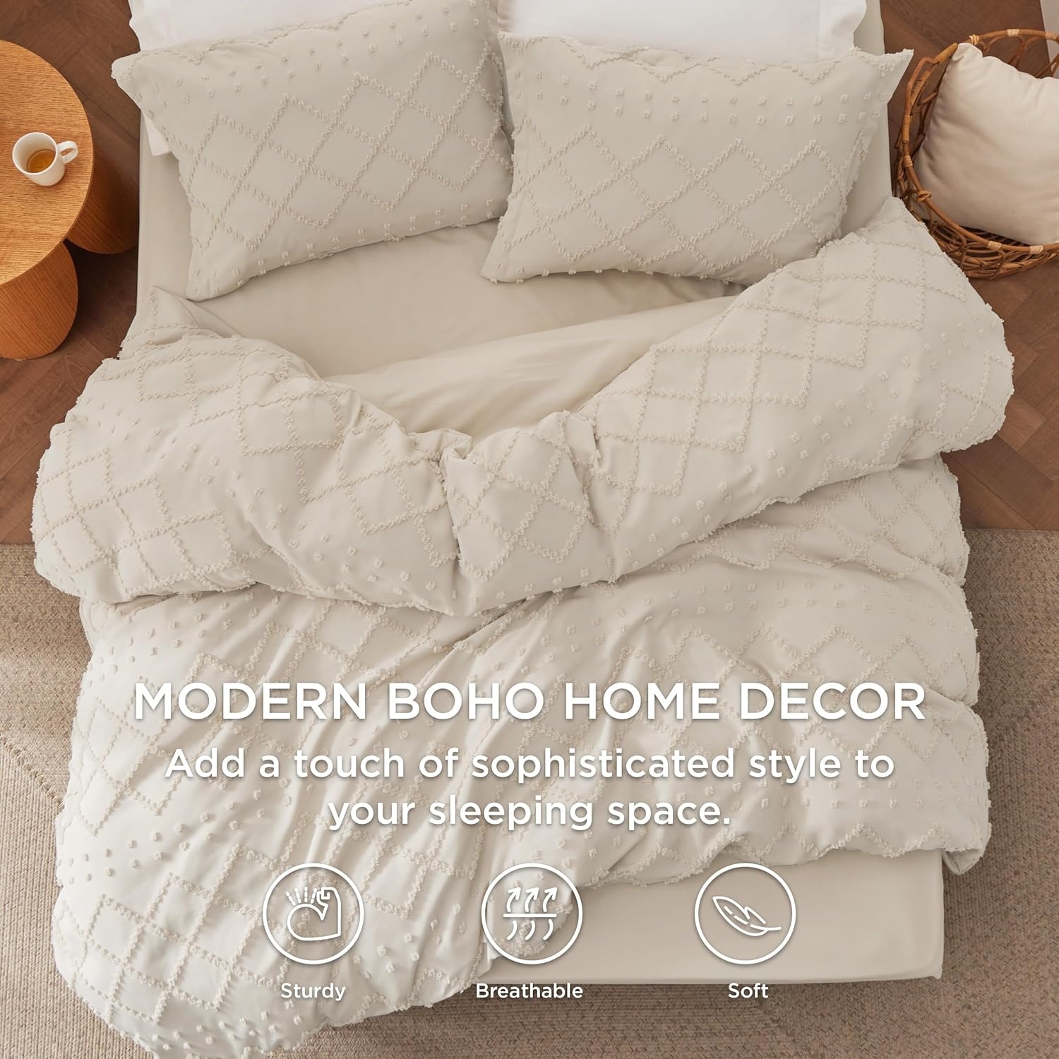 image:imageBedsure Boho Duvet Cover King Size  Rose Pink Tufted Boho Bedding Distressed Vintage Embroidery Bedding for All Seasons 3 Pieces 1 Soft Jacquard King Comforter Cover and 2 Pillow Shams02  Beige No Comforter