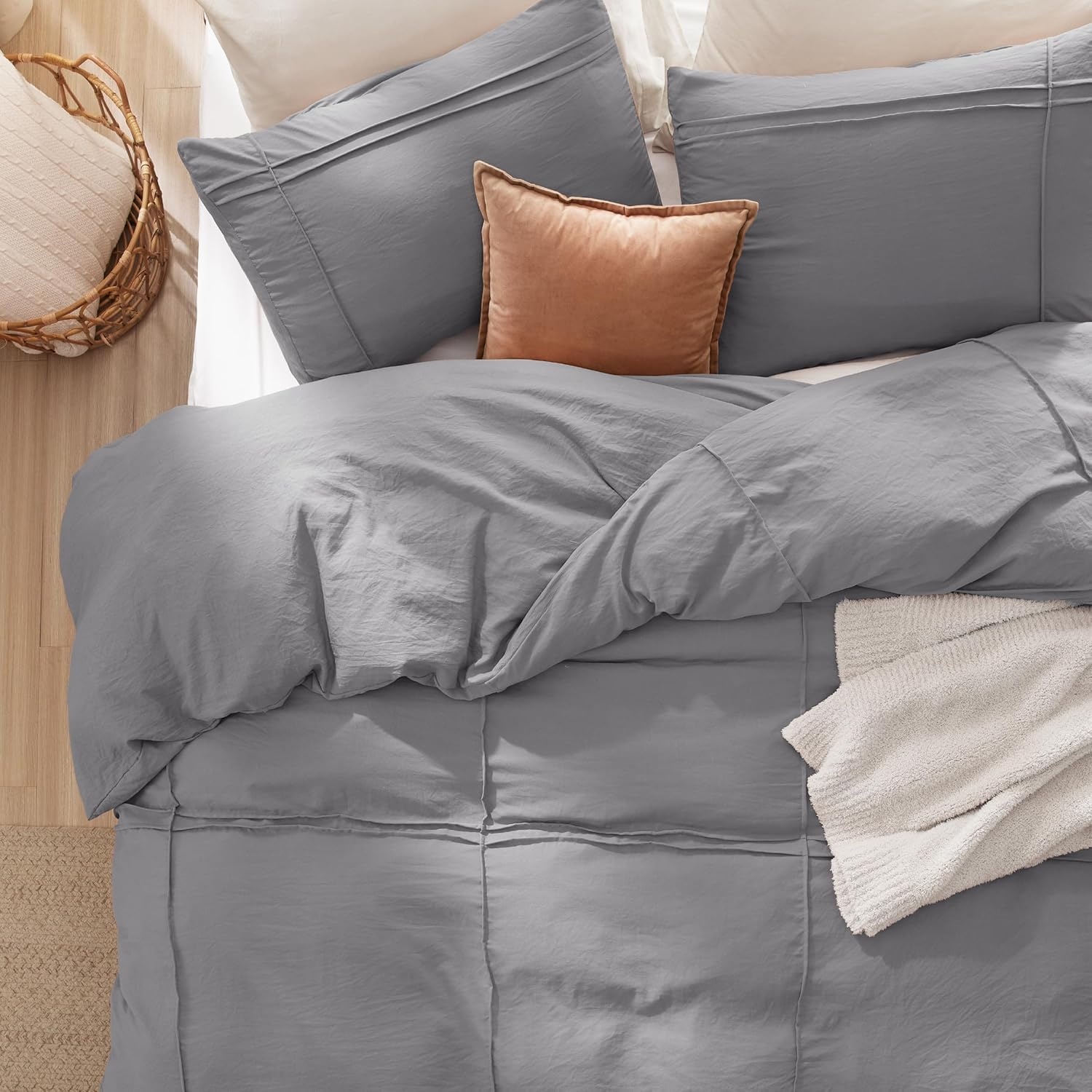 image:imageBedsure Boho Duvet Cover King Size  Rose Pink Tufted Boho Bedding Distressed Vintage Embroidery Bedding for All Seasons 3 Pieces 1 Soft Jacquard King Comforter Cover and 2 Pillow Shams38  Grey  Grid No Comforter