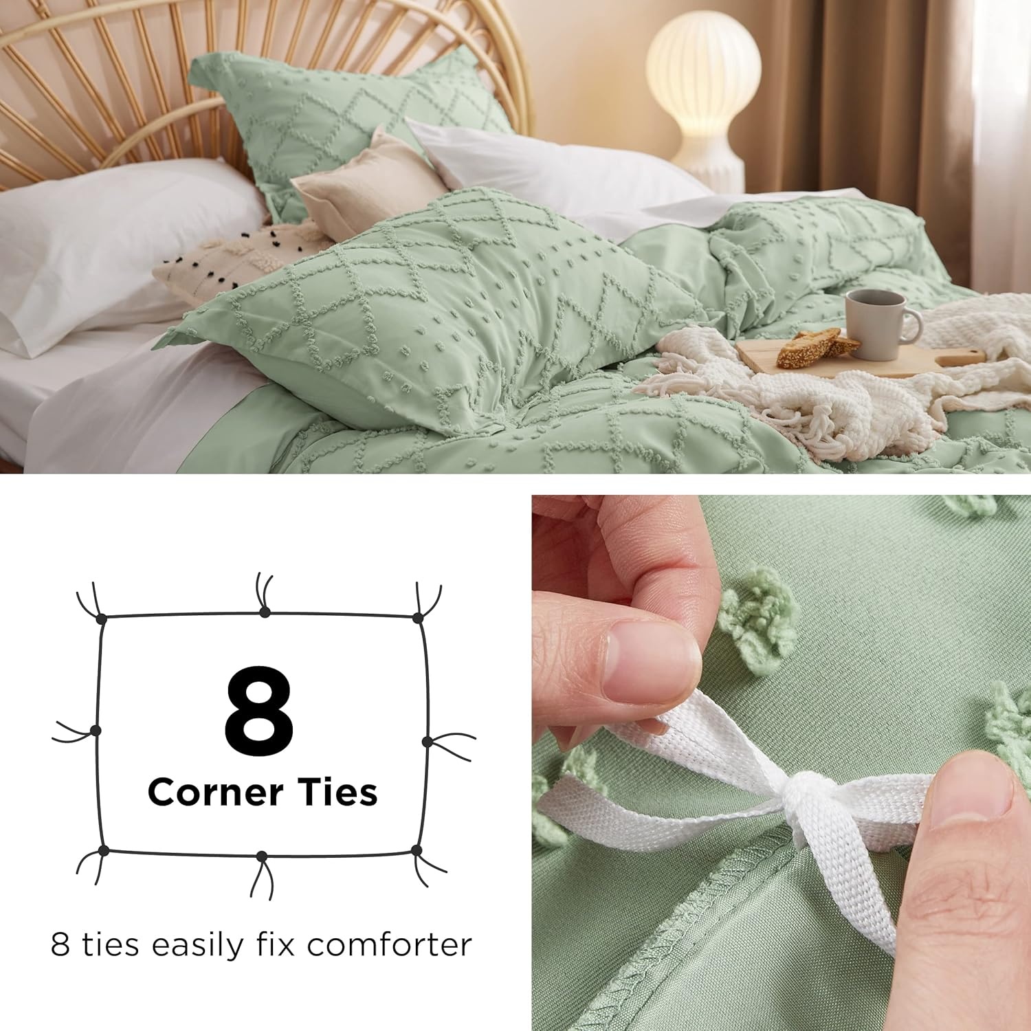 image:imageBedsure Boho Duvet Cover King Size  Rose Pink Tufted Boho Bedding Distressed Vintage Embroidery Bedding for All Seasons 3 Pieces 1 Soft Jacquard King Comforter Cover and 2 Pillow Shams13  Sage Green No Comforter