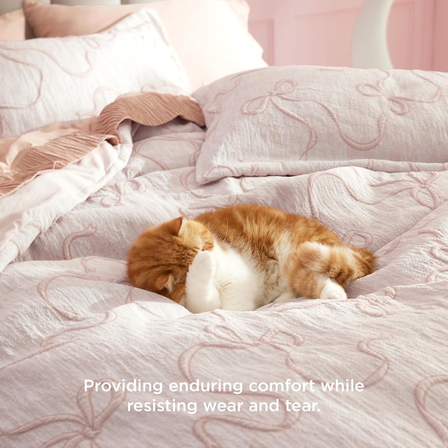image:imageBedsure Boho Duvet Cover King Size  Rose Pink Tufted Boho Bedding Distressed Vintage Embroidery Bedding for All Seasons 3 Pieces 1 Soft Jacquard King Comforter Cover and 2 Pillow Shams06  Pink Bowknot No Comforter