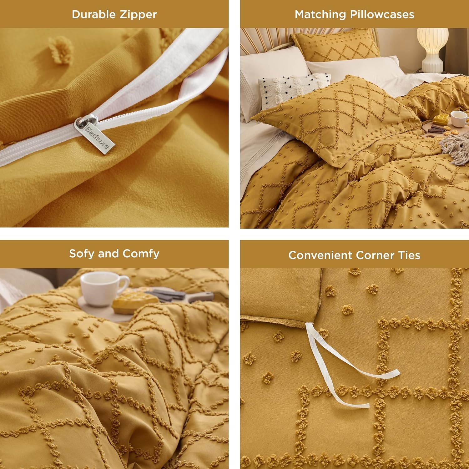 image:imageBedsure Boho Duvet Cover King Size  Rose Pink Tufted Boho Bedding Distressed Vintage Embroidery Bedding for All Seasons 3 Pieces 1 Soft Jacquard King Comforter Cover and 2 Pillow Shams23  Mustard Yellow No Comforter