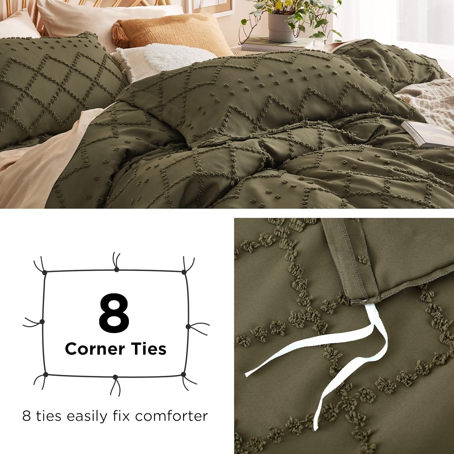 image:imageBedsure Boho Duvet Cover King Size  Rose Pink Tufted Boho Bedding Distressed Vintage Embroidery Bedding for All Seasons 3 Pieces 1 Soft Jacquard King Comforter Cover and 2 Pillow Shams22  Dark Green No Comforter