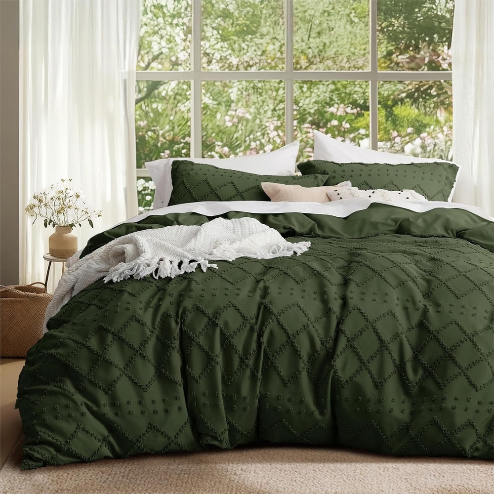 image:imageBedsure Boho Duvet Cover King Size  Rose Pink Tufted Boho Bedding Distressed Vintage Embroidery Bedding for All Seasons 3 Pieces 1 Soft Jacquard King Comforter Cover and 2 Pillow Shams03  Olive Green No Comforter