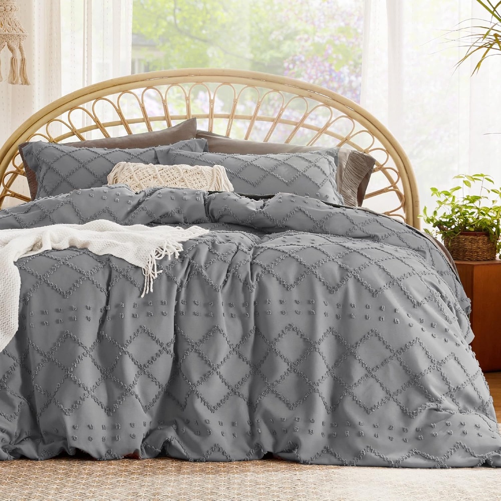 image:imageBedsure Boho Duvet Cover King Size  Rose Pink Tufted Boho Bedding Distressed Vintage Embroidery Bedding for All Seasons 3 Pieces 1 Soft Jacquard King Comforter Cover and 2 Pillow Shams20  Grey No Comforter