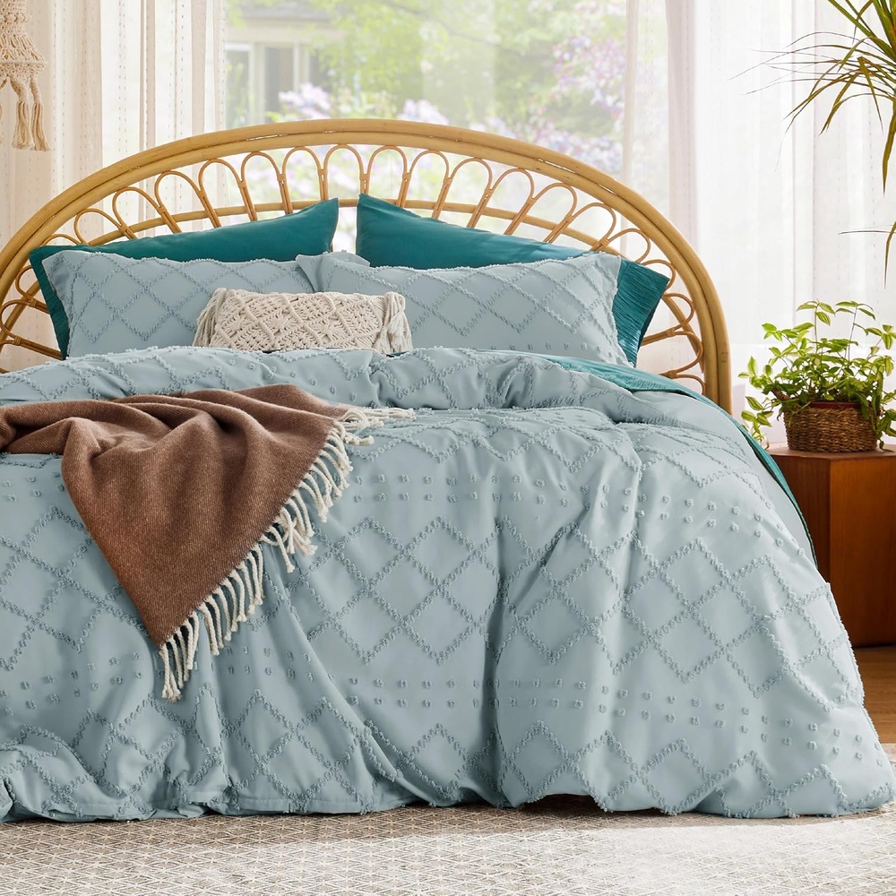 image:imageBedsure Boho Duvet Cover King Size  Rose Pink Tufted Boho Bedding Distressed Vintage Embroidery Bedding for All Seasons 3 Pieces 1 Soft Jacquard King Comforter Cover and 2 Pillow Shams10  Dusty Blue No Comforter